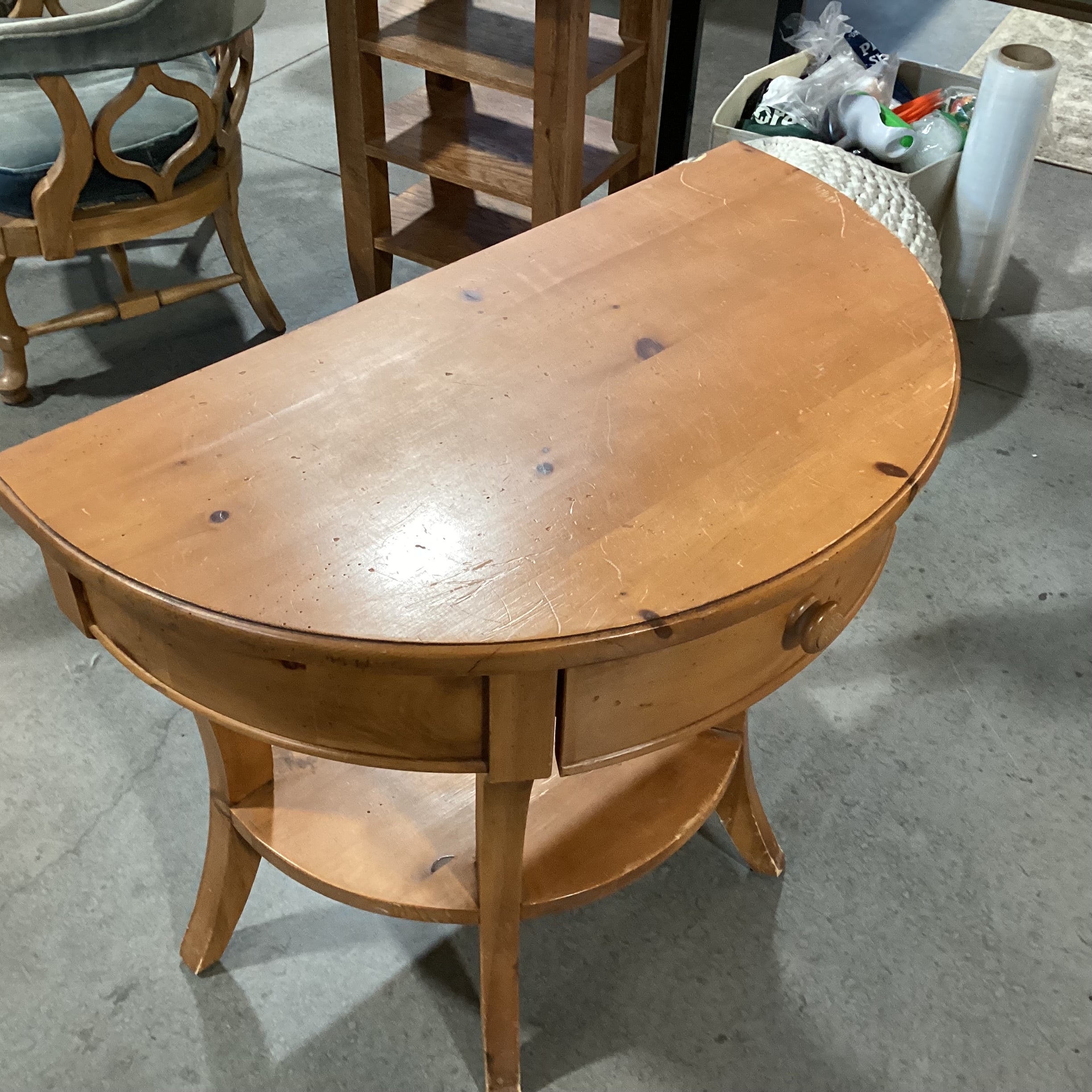 Brownwood Furniture Light Finished Distressed Pine Halfmoon 1 Drawer Accent Table 32.5"x 18.5"x 28"