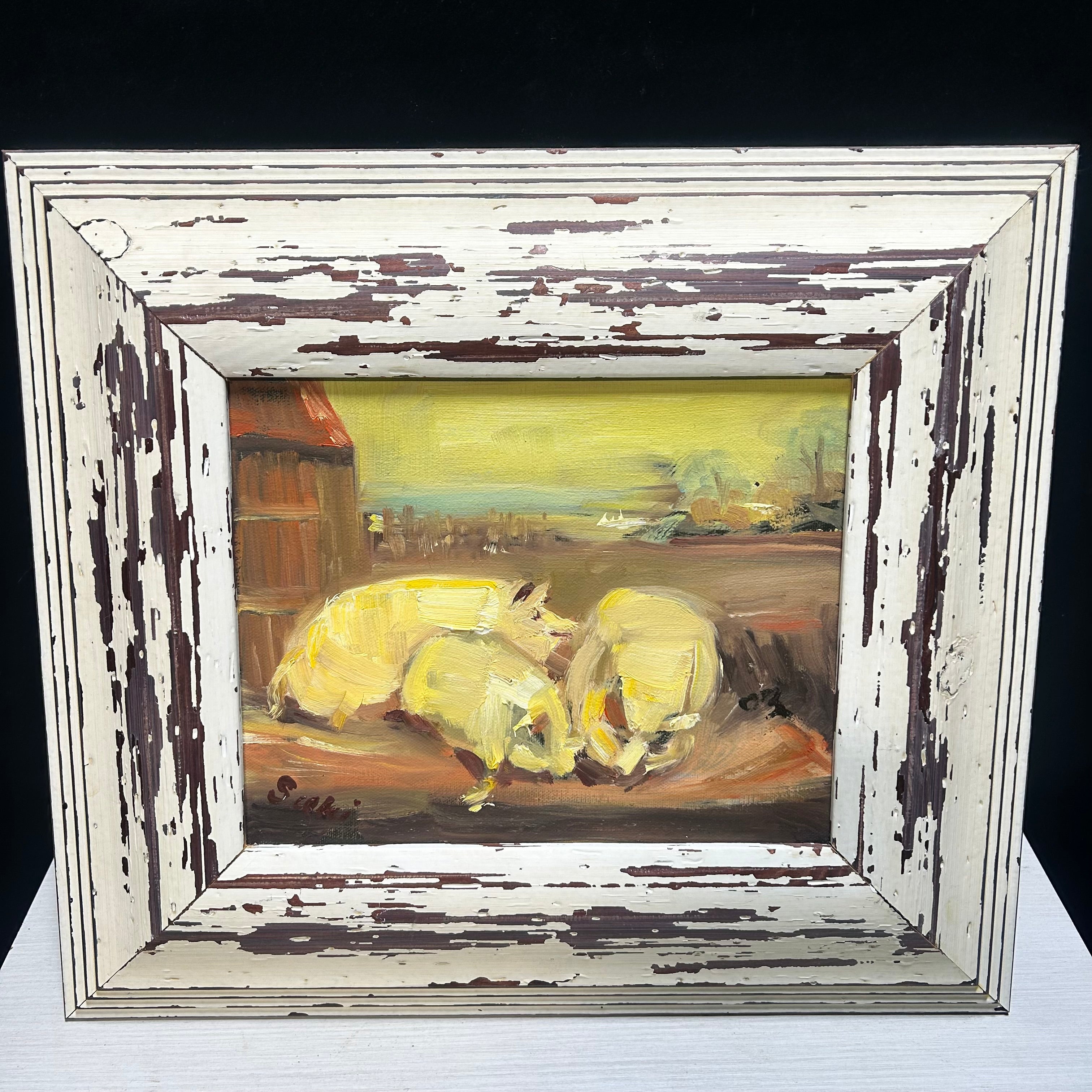 Donated B y Yun Scott (Suki) Impressionist Oil Depicting Pigs On A Farm 16.5"x14.5"