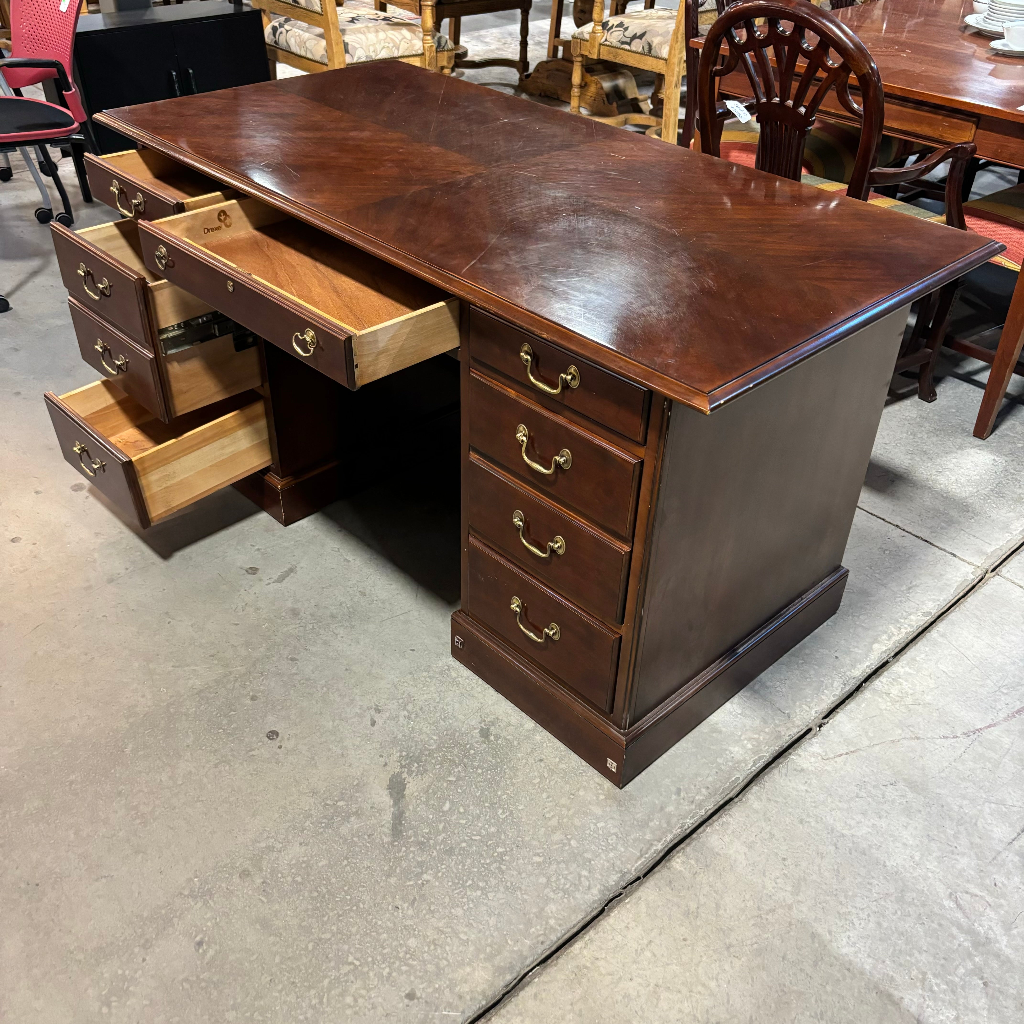 Drexel Bookmatched Mahogany Veneer Double Pedestal Executive Desk 60"x 30"x 30"