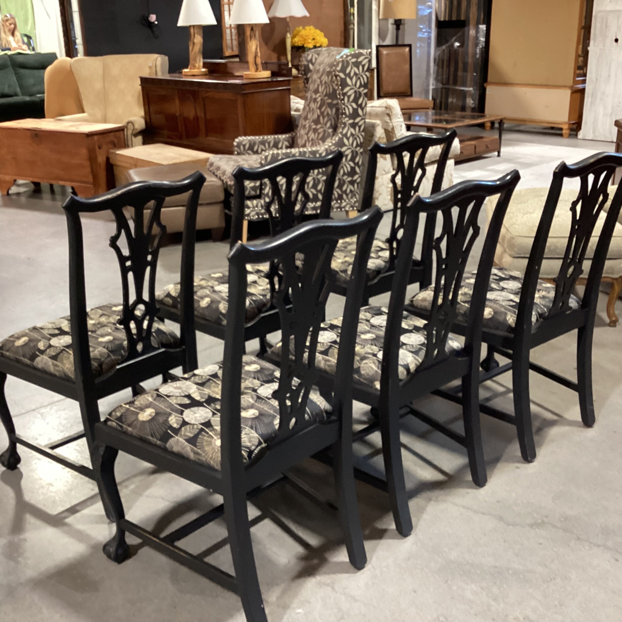 SET of 6 Ornate Carved Black Claw & Ball Wood Black Tan White Dandelion Dining Chairs 23"x 22"x 40"