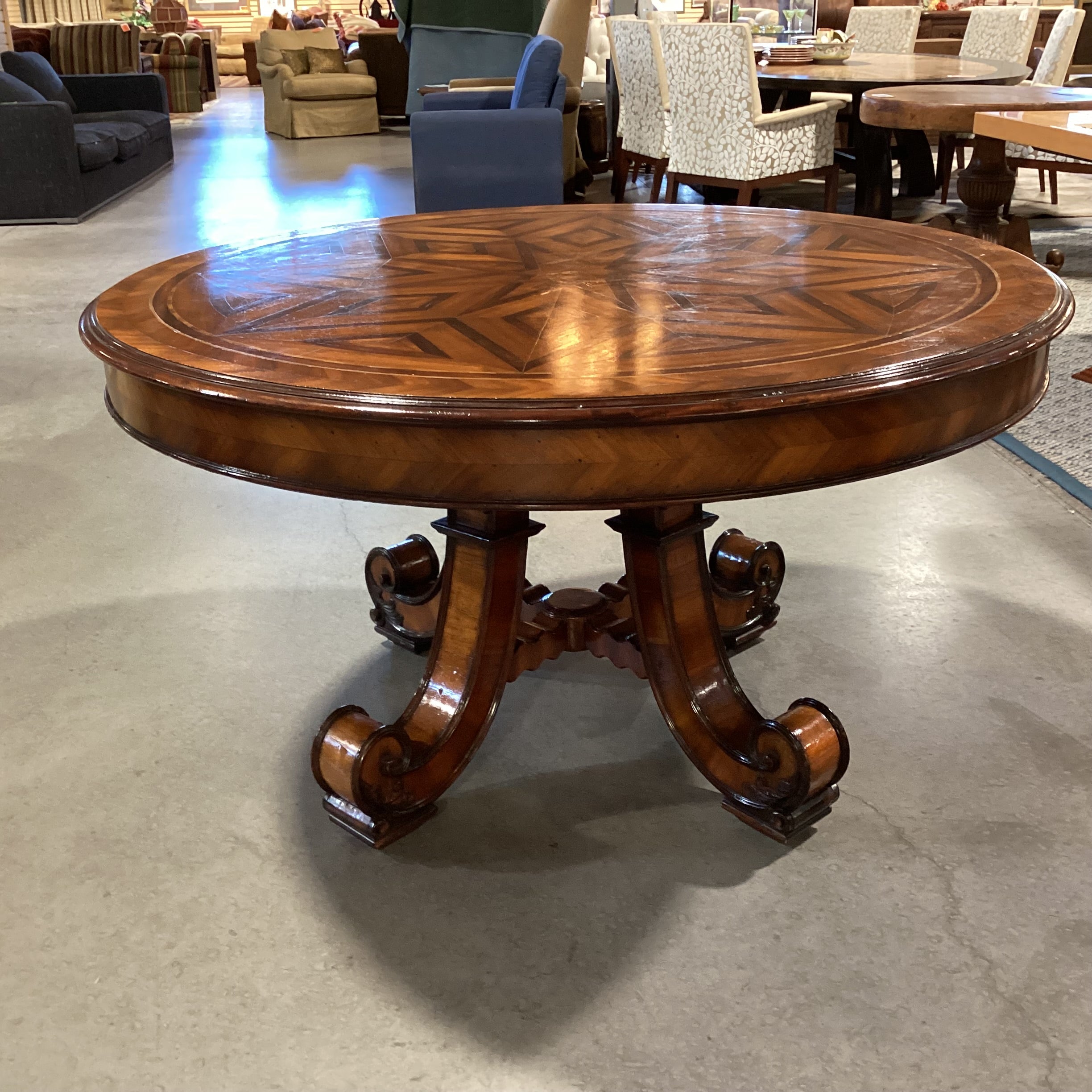 Alfonso Marina Ebanista Ornate Carved & Inlay Wood with Pedestal Round Accent or Dining Table 56" Diameter x 30.5"