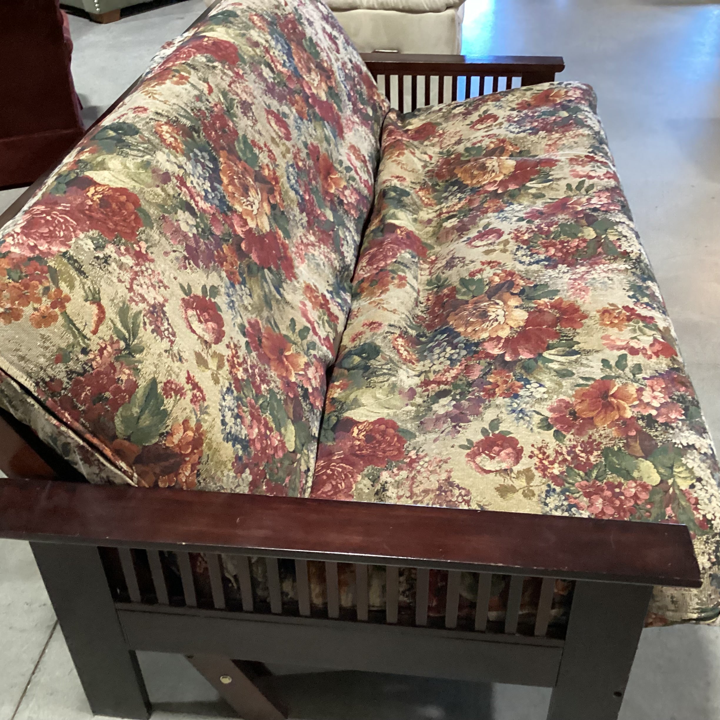 Dark Wood Frame & Red Green Floral Cushion Futon Sofa 81"x 46" to 55"x 33"