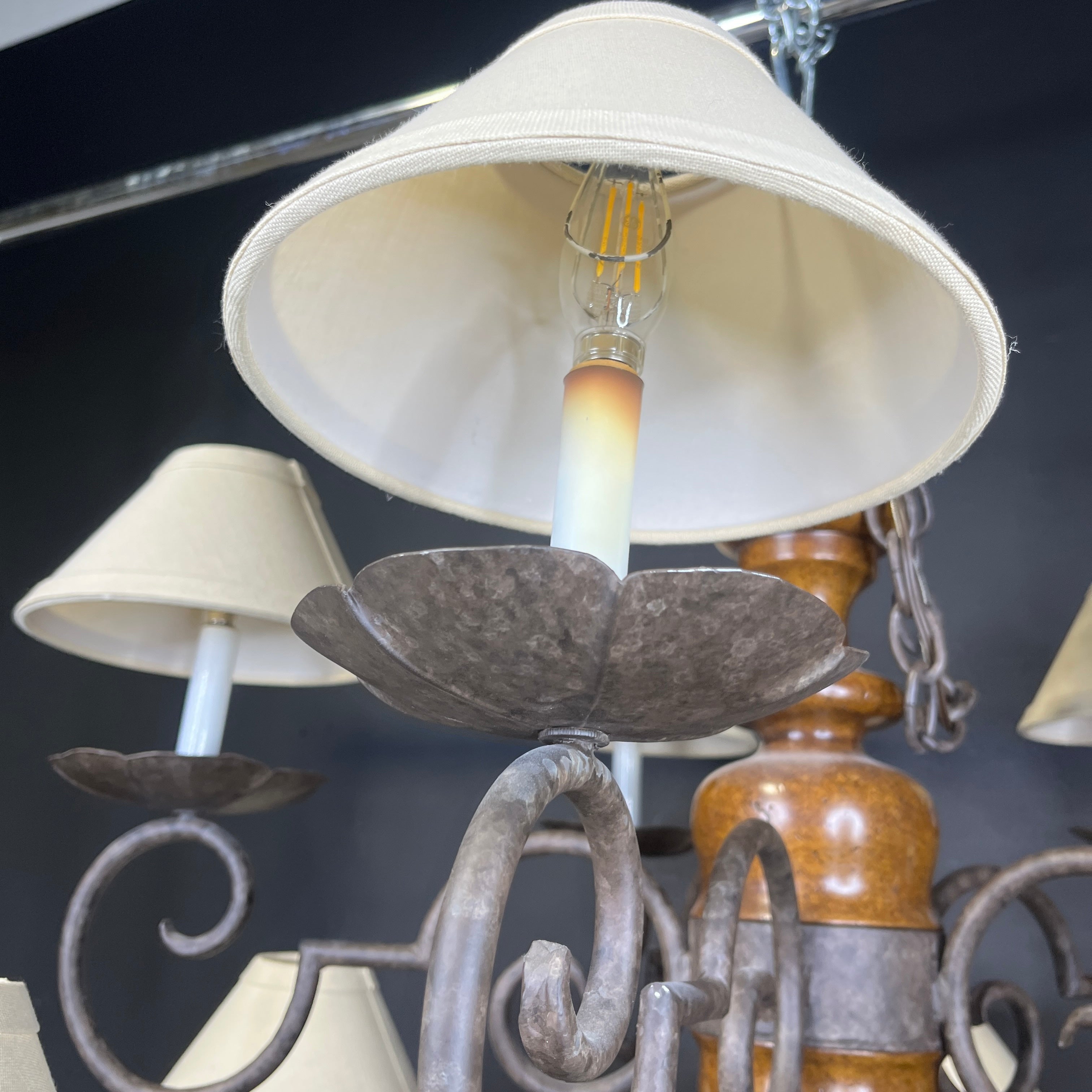 Vintage Romantic Tiered 10-Light Medium Finish Wood and Bronze Metal Arms with Shades Chandelier 40”x 35” - 54”