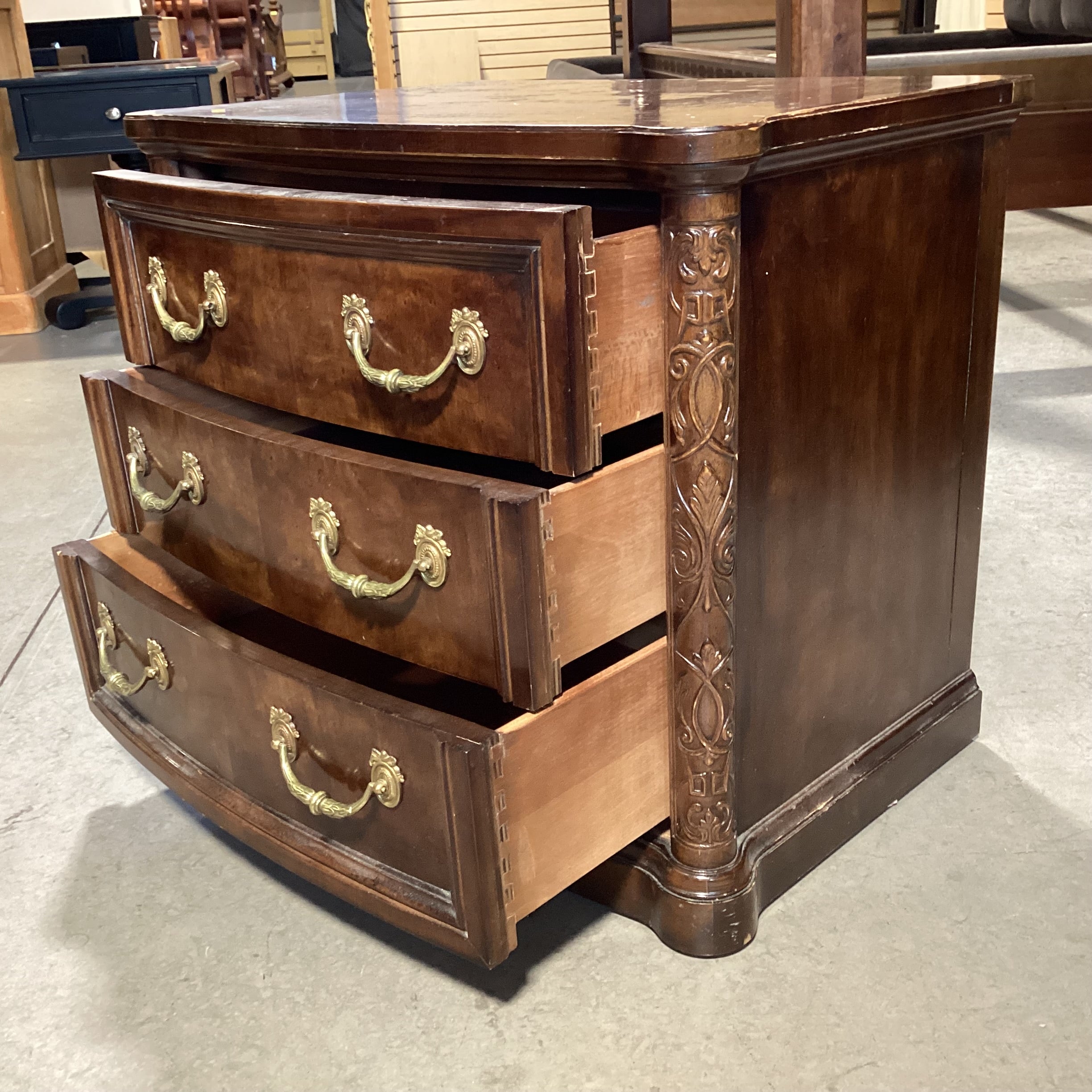 Henredon Burl Veneer & Wood with Brass Pulls 3 Drawer Nightstand 28"x 18"x 25"