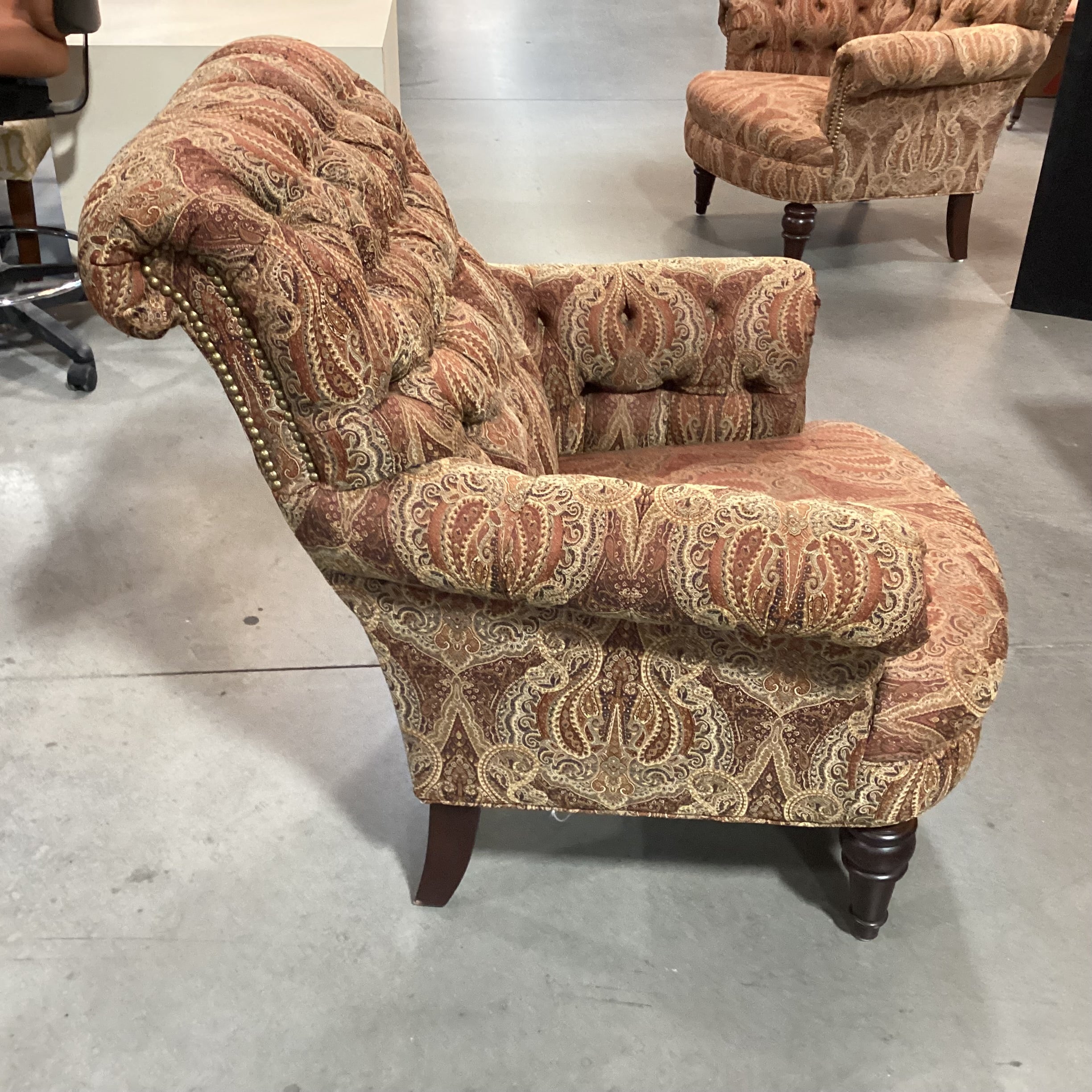Custom Gold Rust Tan Ornate Paisley Tufted Nailhead with Carved Feet Chair 34"x 38"x 38"