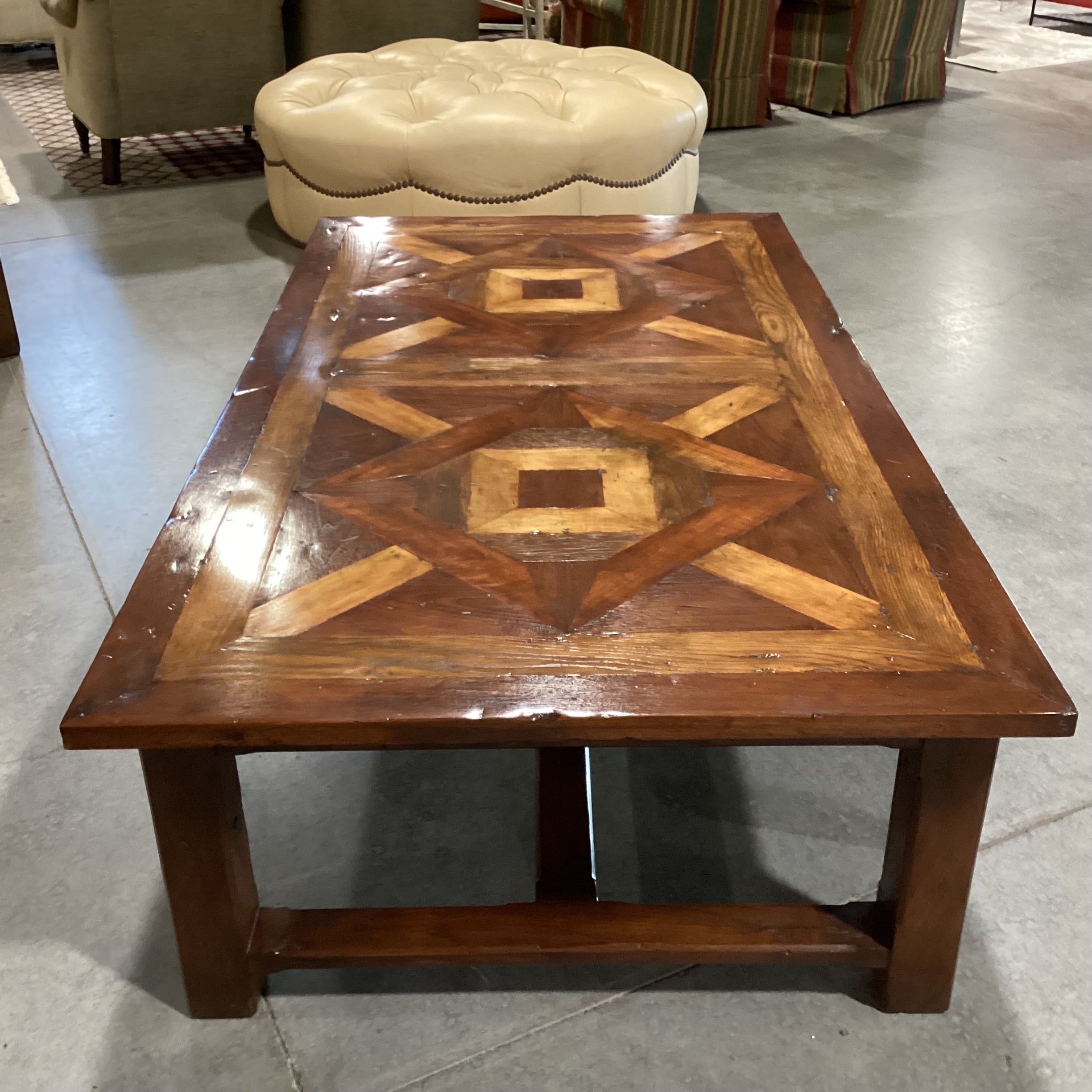 Rustic 2 Tone Finish with Inlay Design Top & Trestle Coffee Table 71.5"x 39.5"x 19.5"