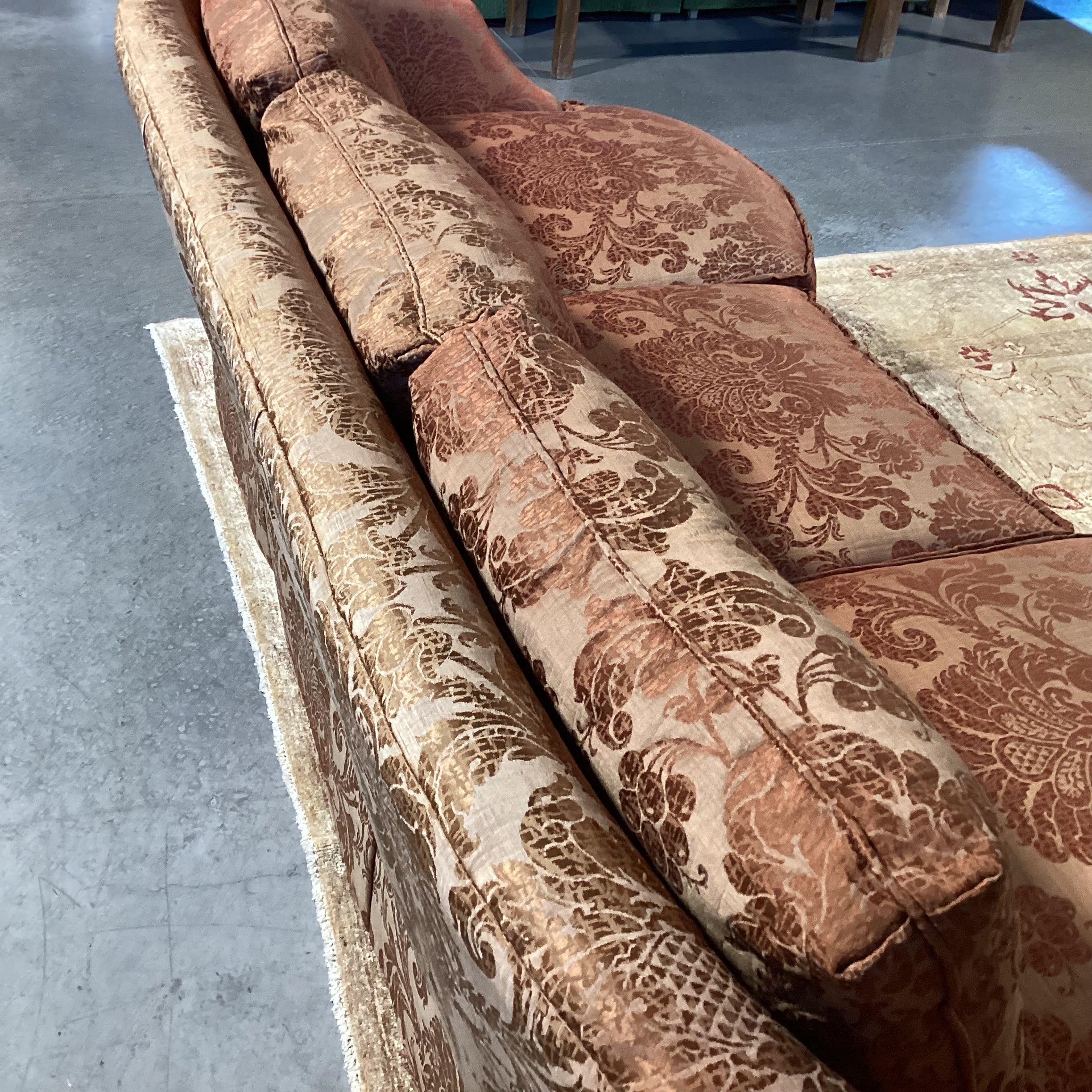 Custom Golden Burnt Orange Ornate Silky Metallic Floral Down Mix Curved Sofa 101"x 44"x 32"