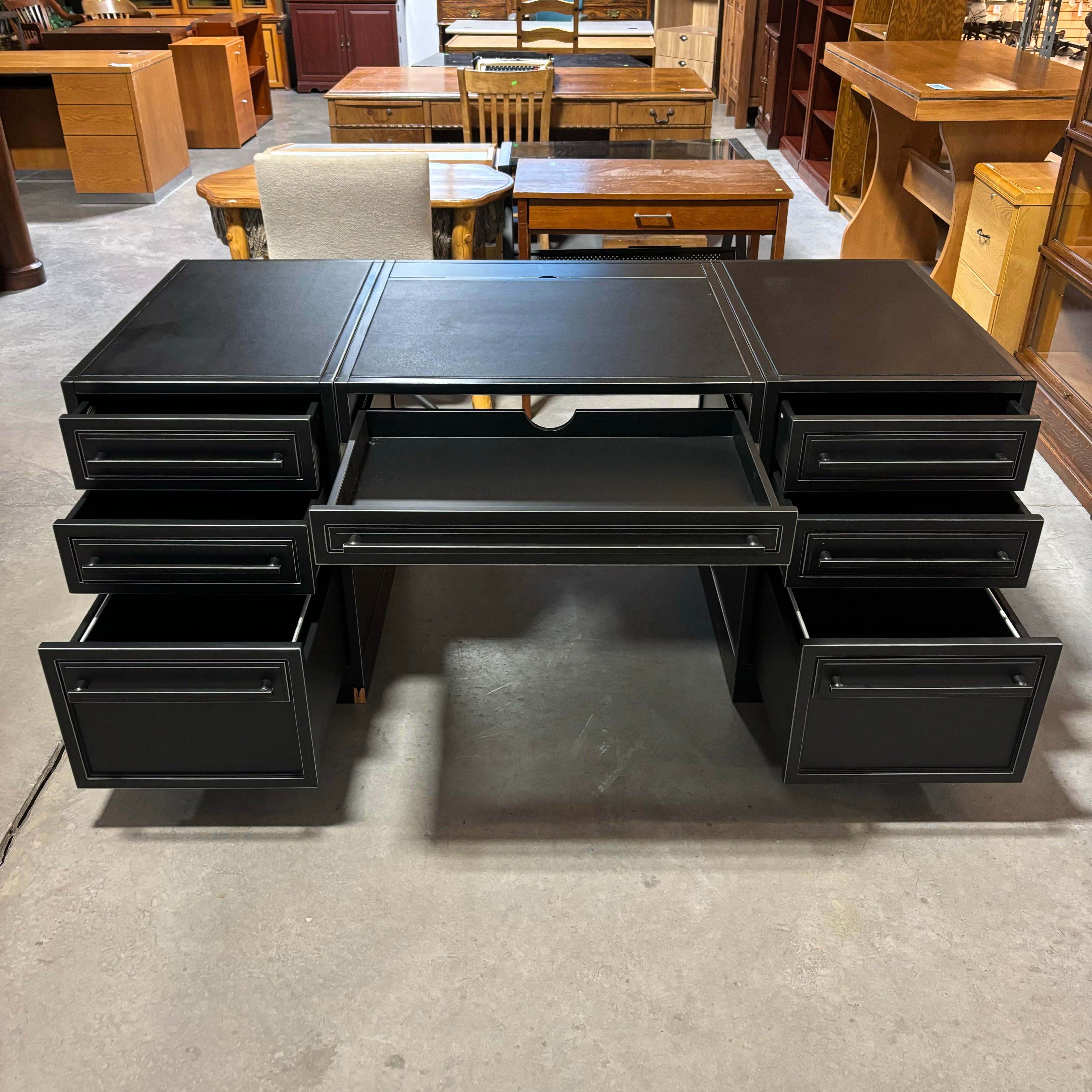 Arhaus Usine Black Finish Wood with Leather Top 6 Soft Close Drawers & Center Pullout Executive Desk 72"x 34"x 30"