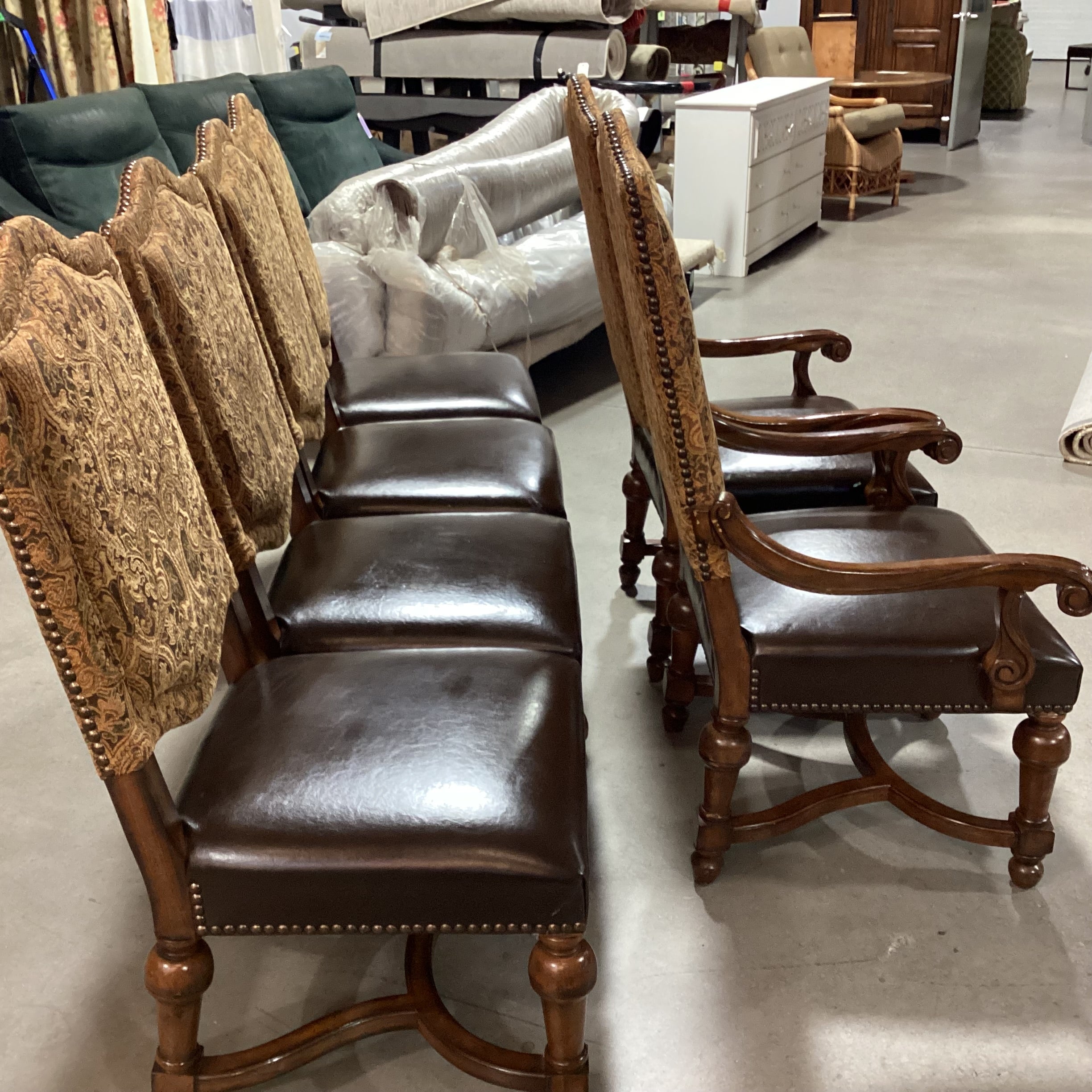 SET of 6 Bernhardt Carved Wood Brown Gold Paisley & Leather Nailhead Dining Chairs 29"x 25"x 49"
