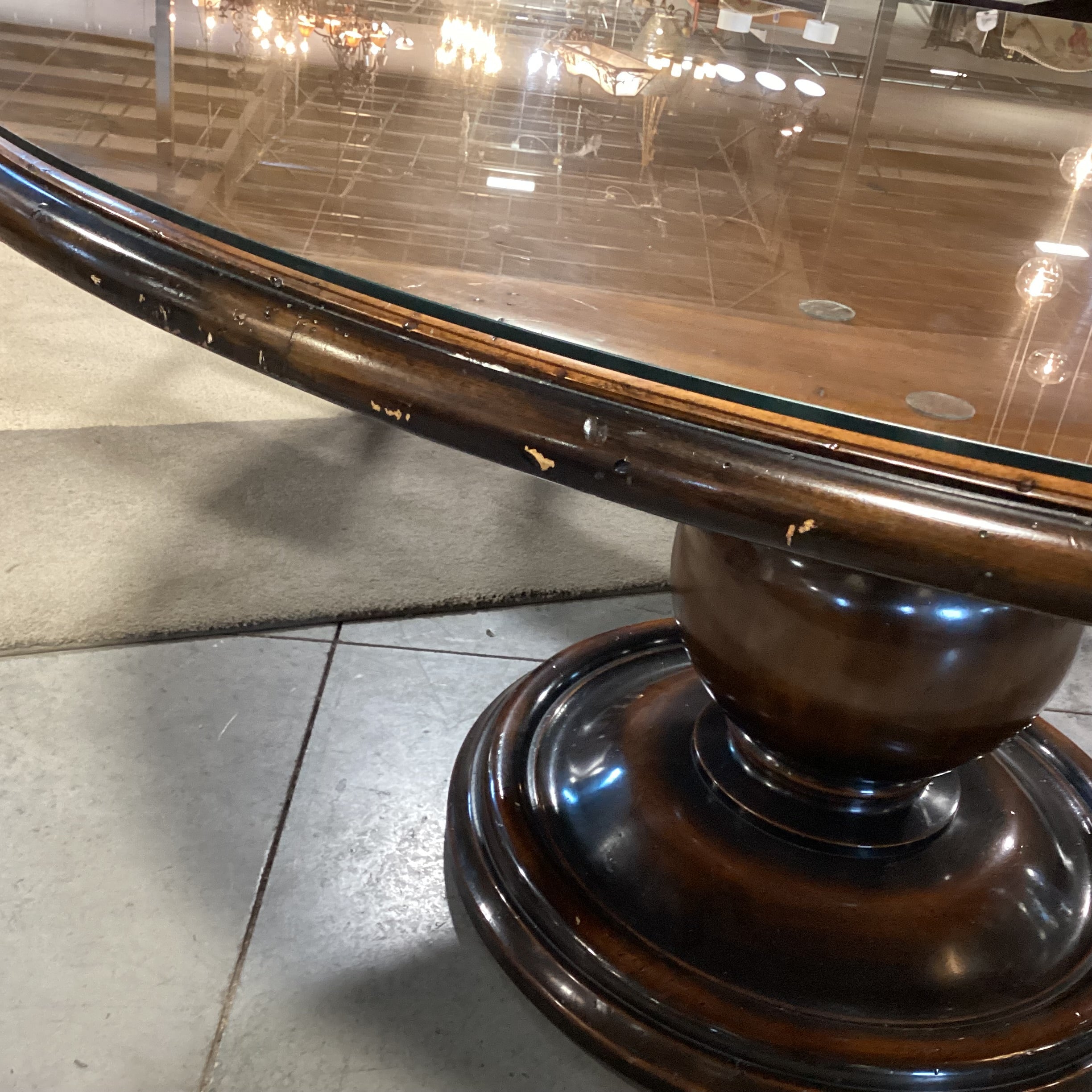 Carved Distressed Finish with Ornate Pedestal & Glass Top Round Dining Table 60" Diameter x 30"