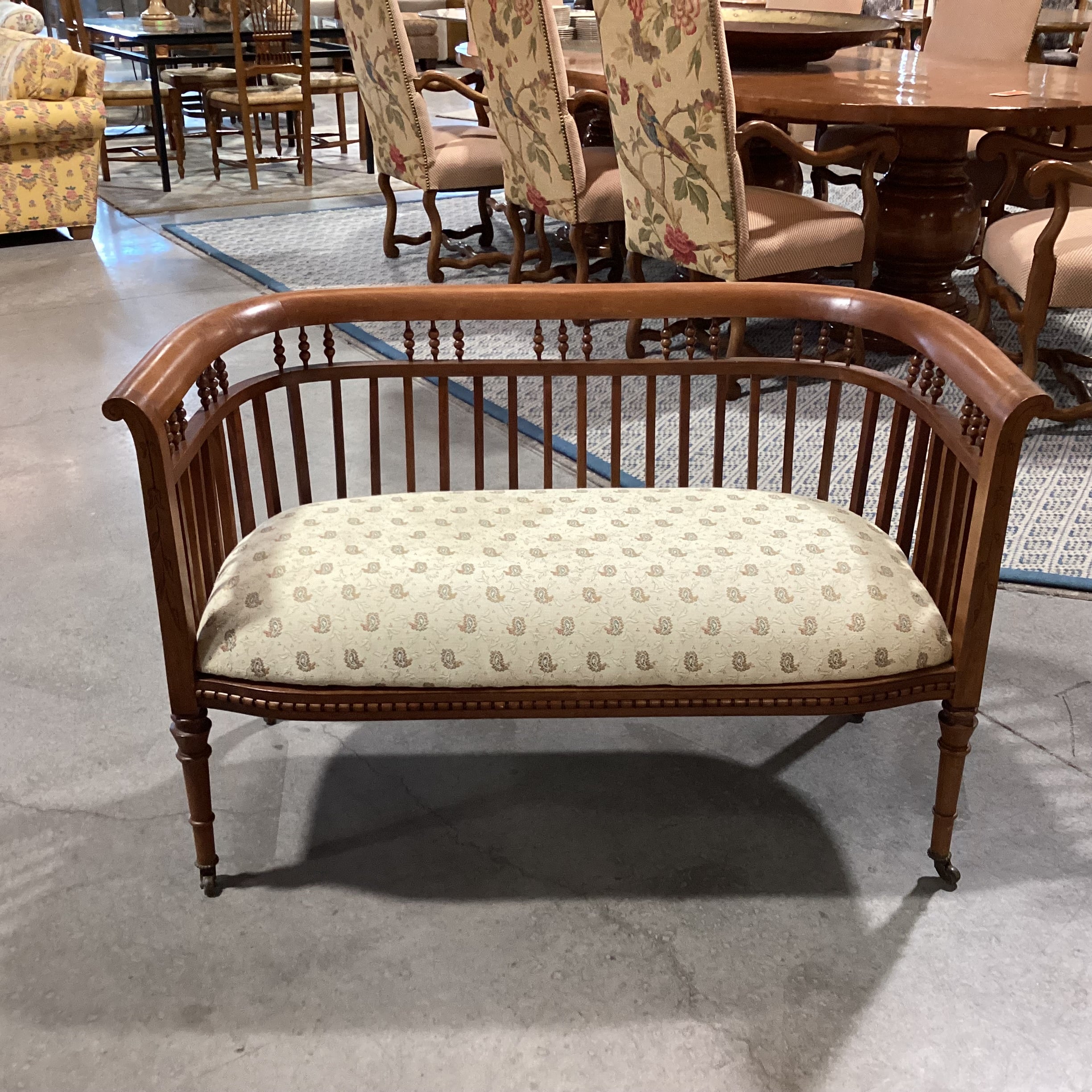 Antique Carved Wood Detail with Spindle Curved Back & Paisley Seat on Casters Bench 45"x 25"x 29"