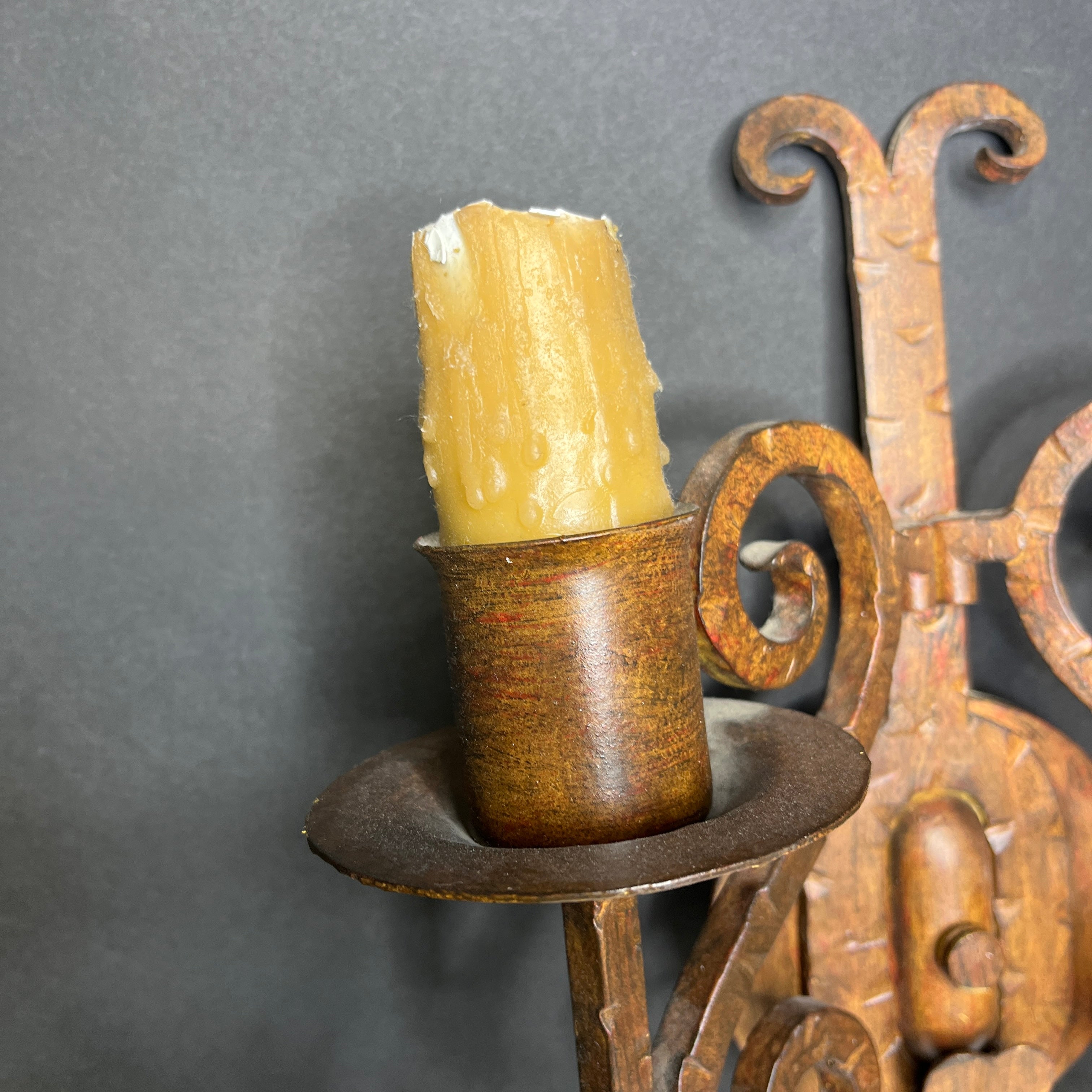 Gothic Revival 2-Light Rust Patina Metal Scroll Candlestick Wall Sconce 11”x 15.5”x 5.5”