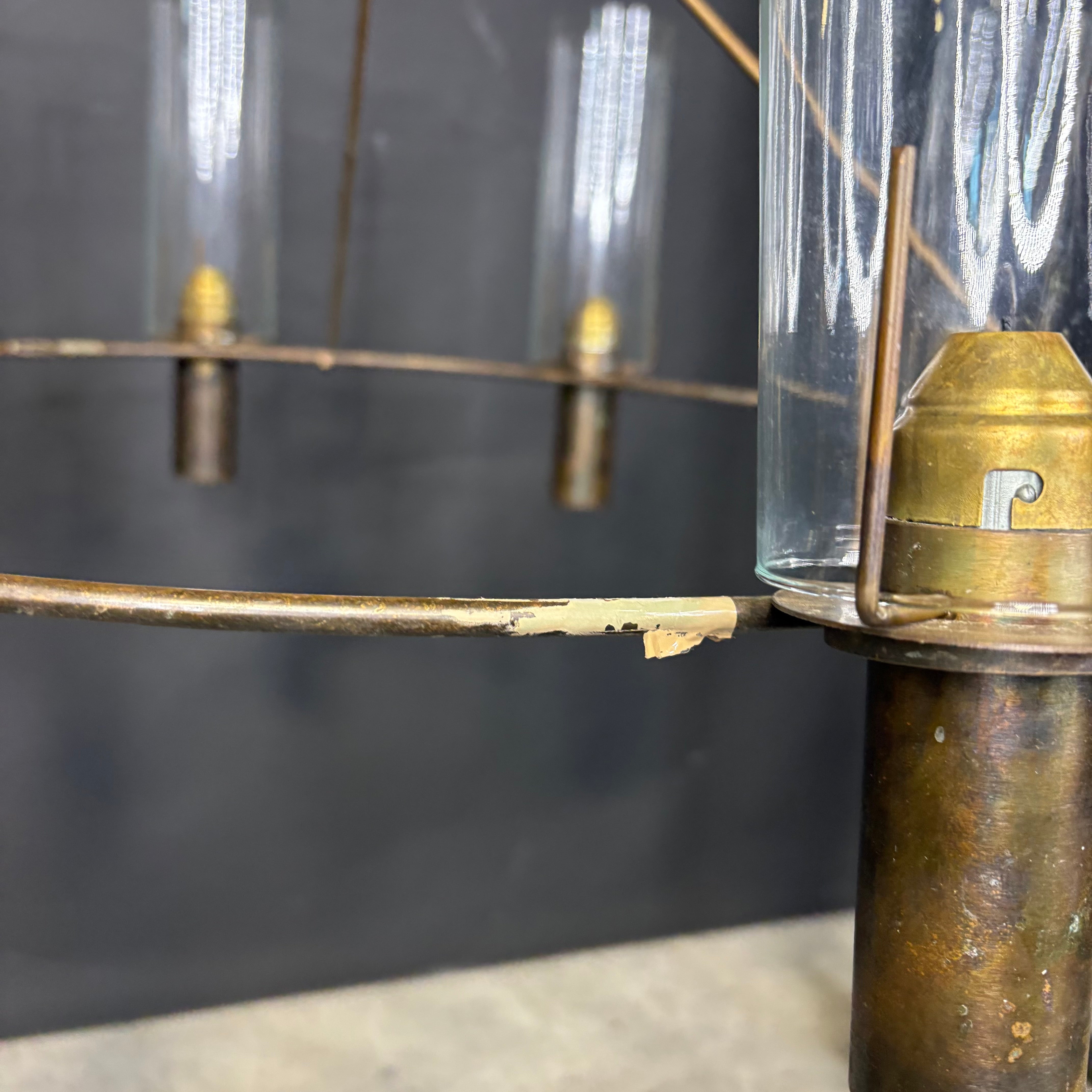 Rustic Industrial 8-Light Antiqued Brass and Glass Candle Chandelier 26” Diameter x 36”