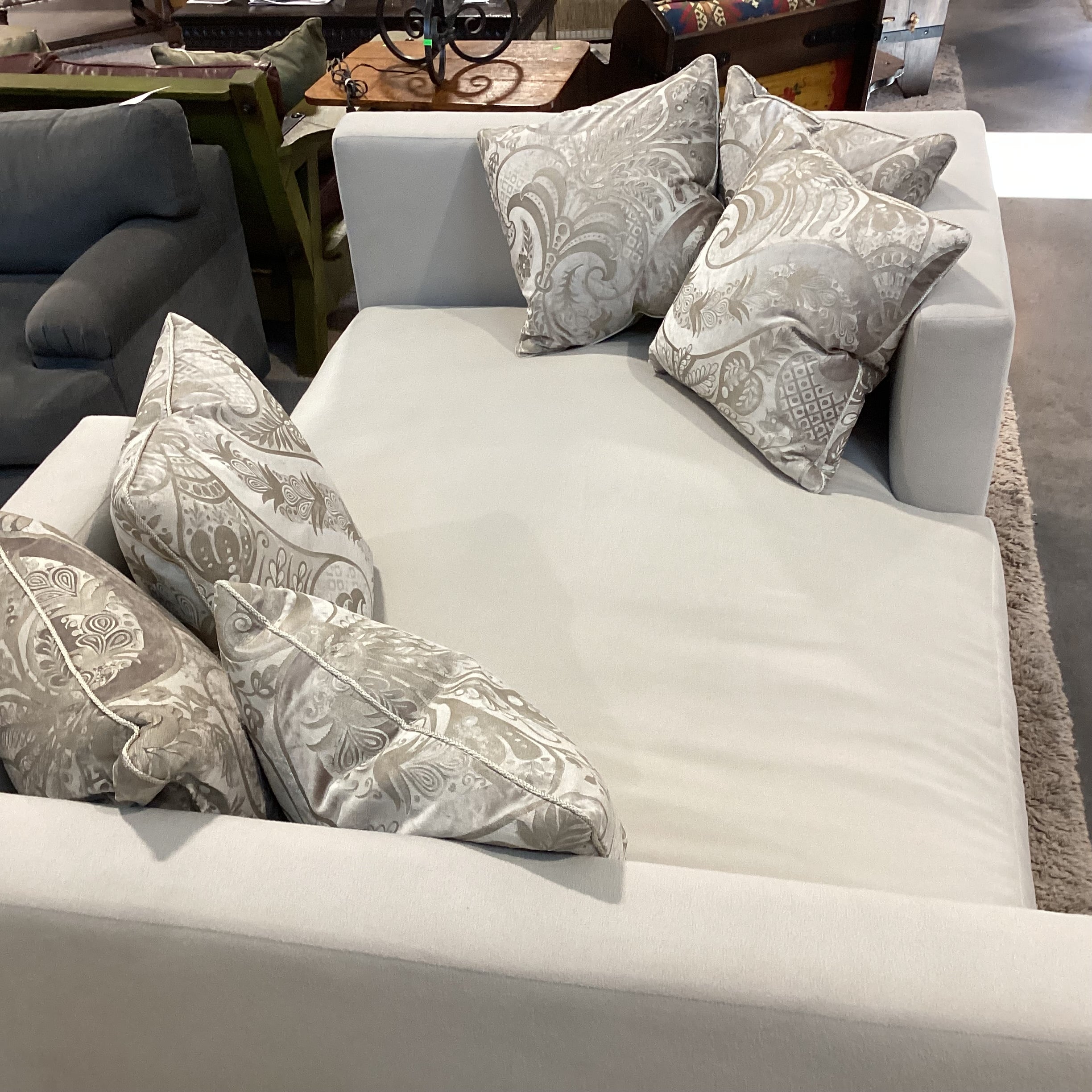 JJ Custom Dove Grey Wool Down Mix with Metallic Taupe &Ivory Accent Pillows Modern Chaise Sofa 76"x 48"x 33"