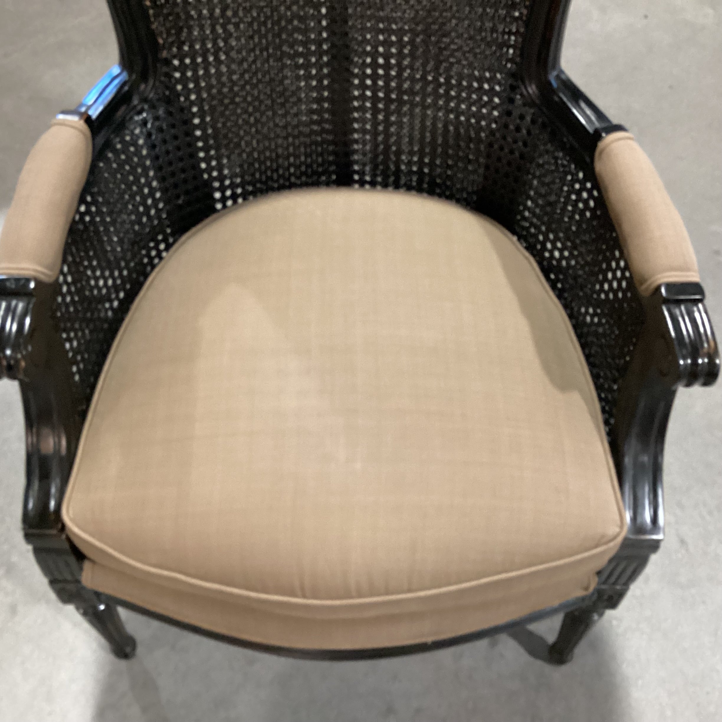 Black French Caning & Carved Wood with Taupe Brown Down Mix Upholstered Chair 26"x 24"x 40"