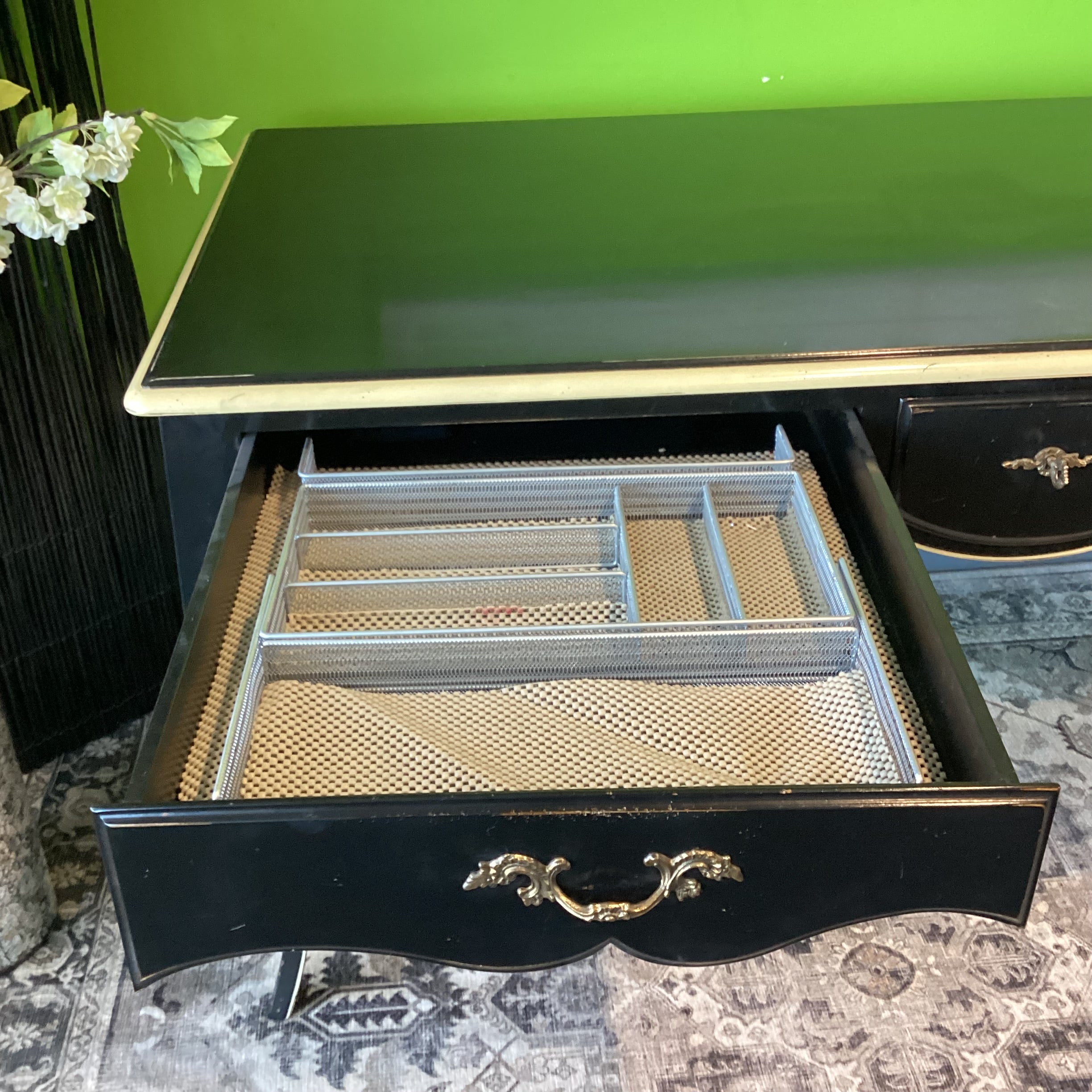 Vintage French Louis XV Style Black with Cream Detail & Brass Accent 3 Drawer Back Faux Front Desk 62"x 30"x 32"
