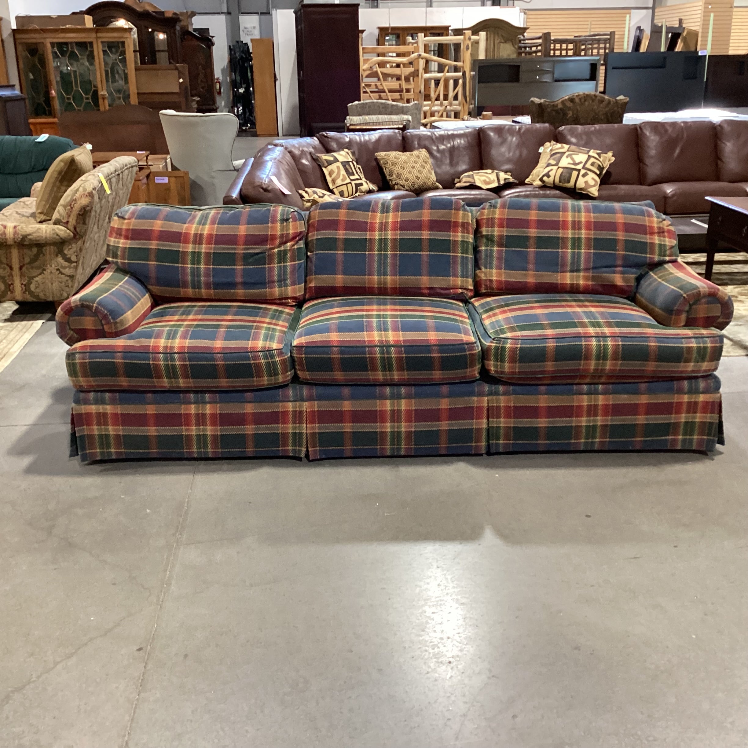 Blue Green Red Gold Plaid Sofa 98"x 38"x 31"