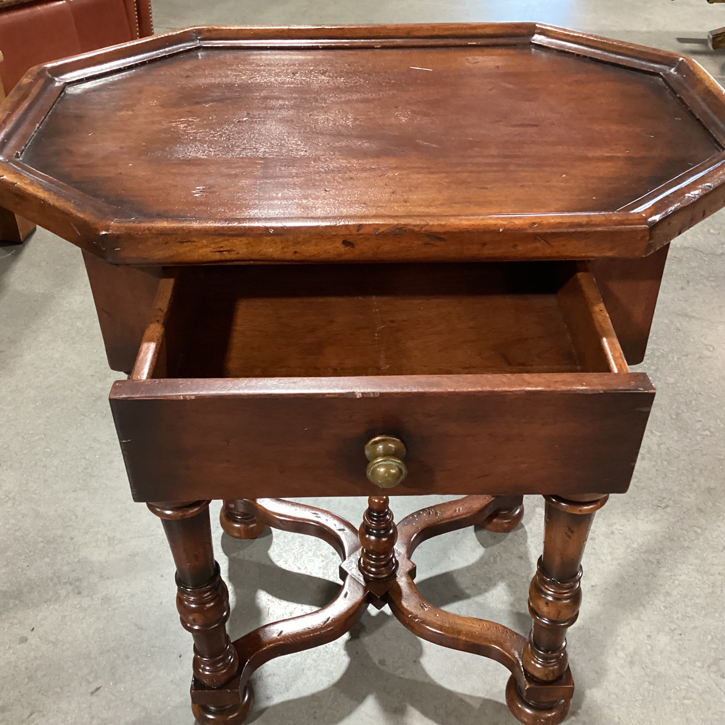 Ornate Carved Distressed Solid Wood 1 Drawer with Based Trestle Detail End Table 26"x 18"x 28.5"