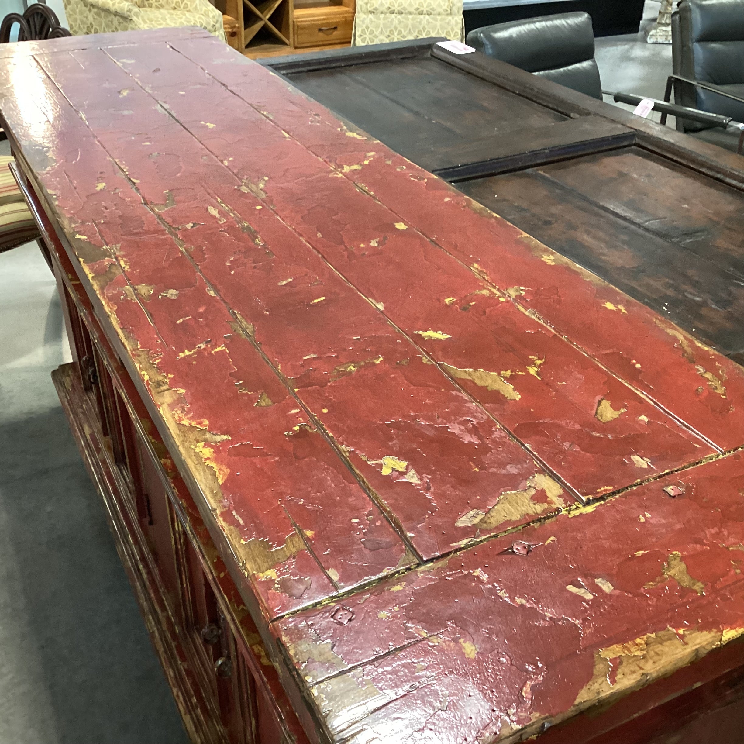 Red & Gold Textured Antiqued Finish Solid Wood 5 Drawer 4 Door Credenza 83"x 22"x 39"