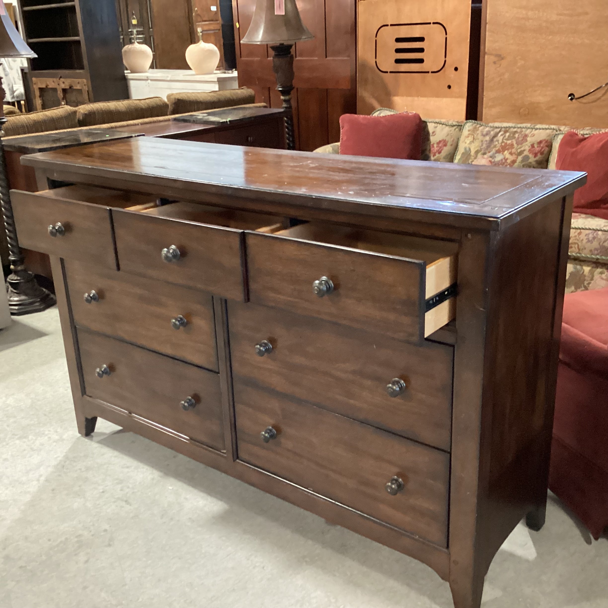 Dark Distressed Wood 7 Drawer Dresser 62"x 19"x 39"