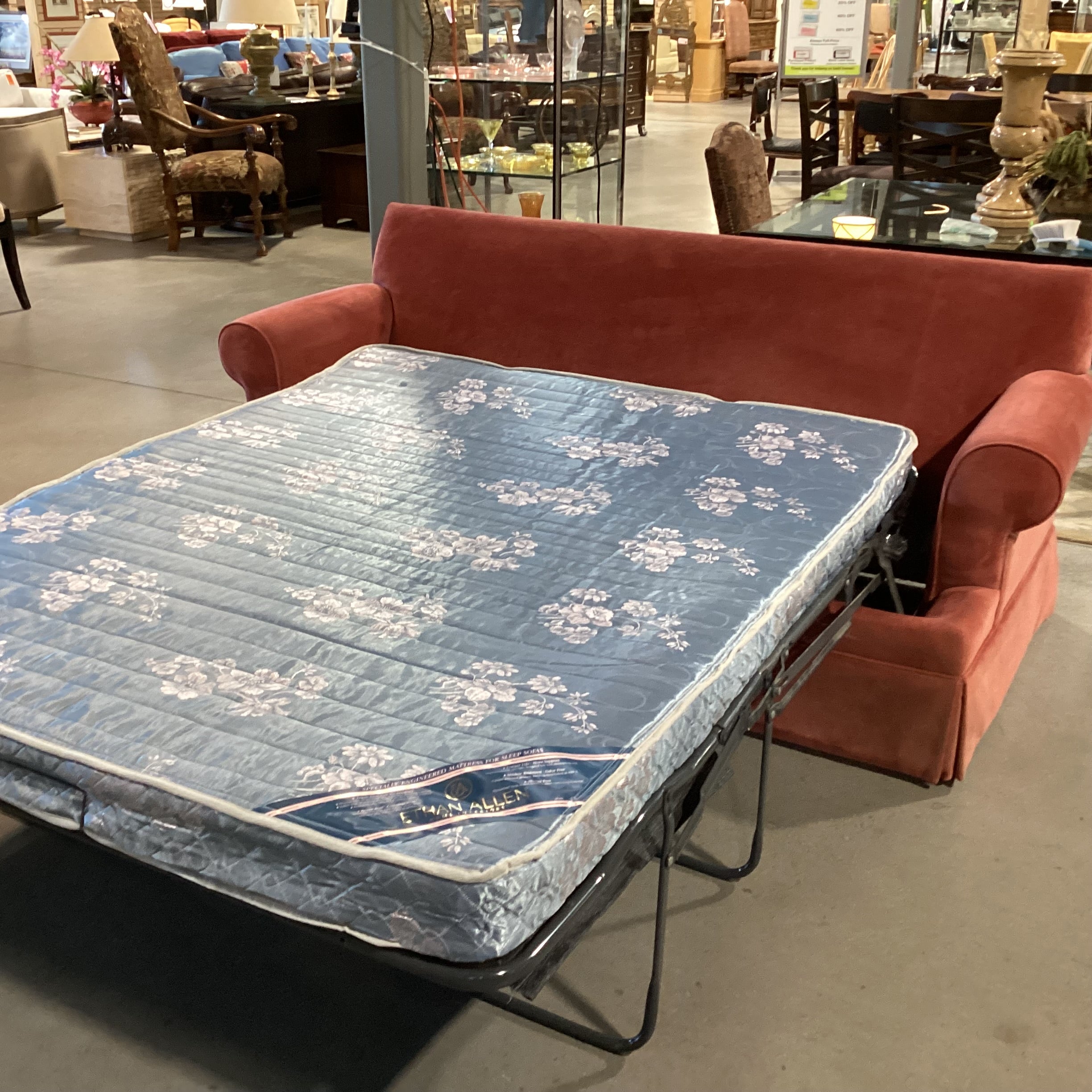 Ethan Allen Salmon Velvet Queen Sleeper Sofa 87"x 39"x 34"