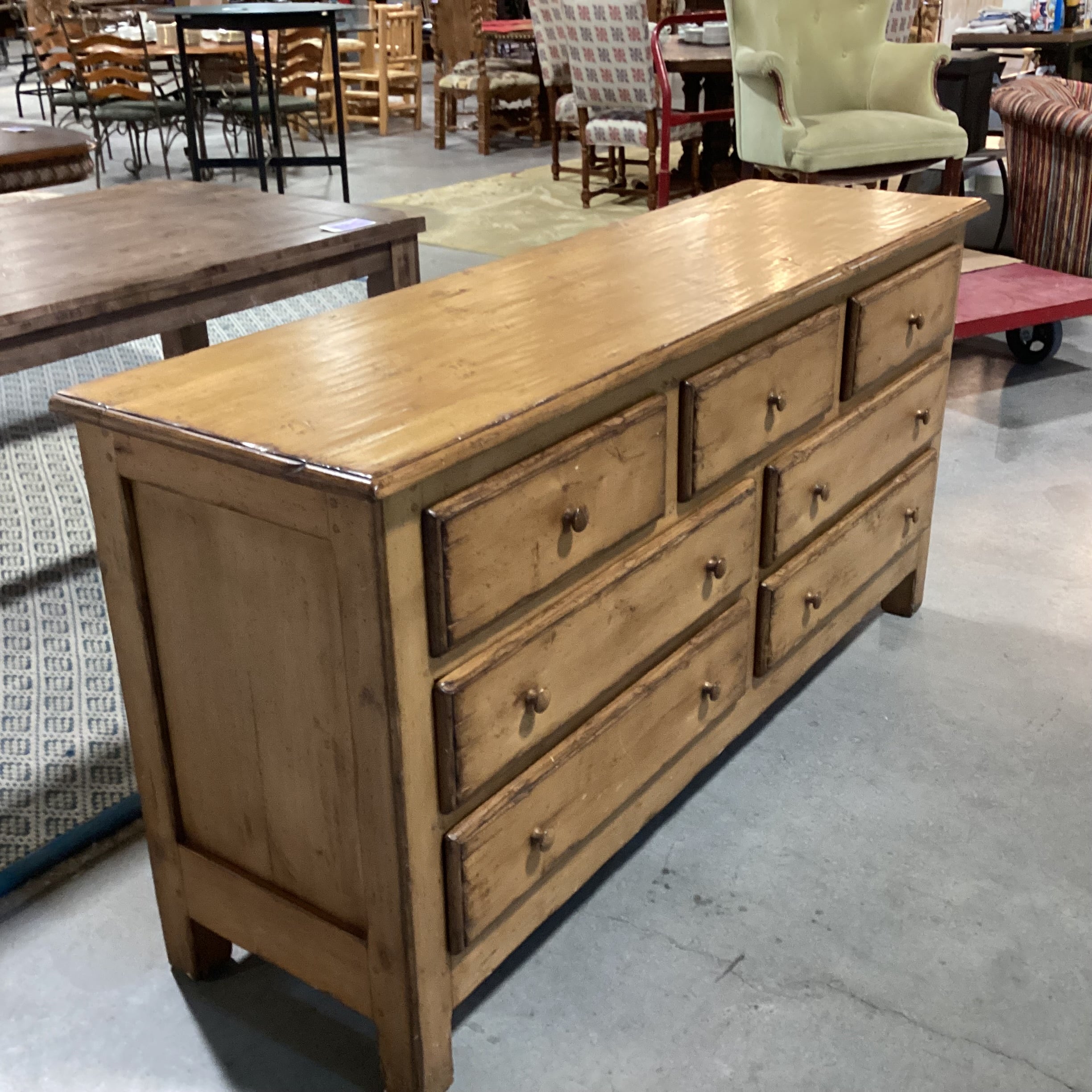 Woodland Furniture Distressed Finish Solid Wood 7 Drawer Dresser 68"x 20"x 34"