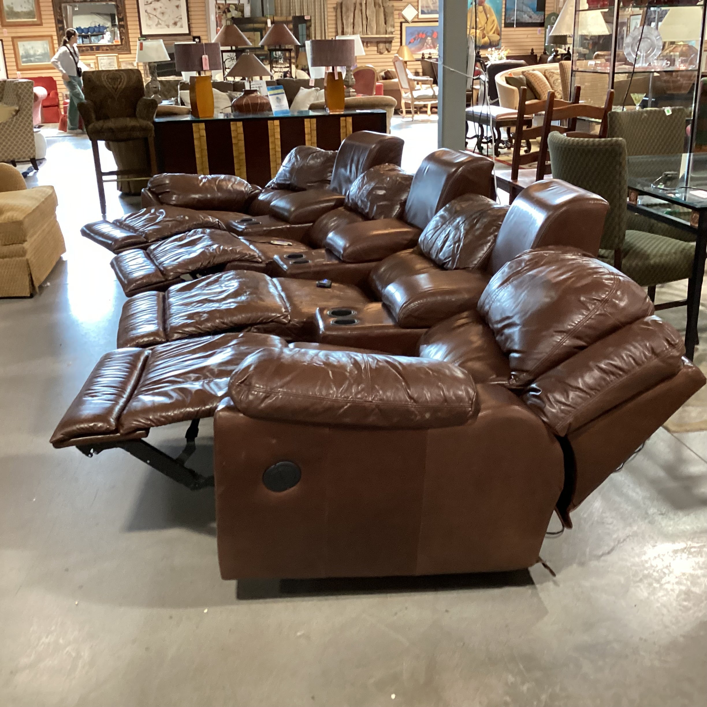 Benson Home Palliser Amaretto Leather 7 Piece with 4 Power Recliners & 3 Consoles Theater Sectional 157"x 41" to 69"x 36"th