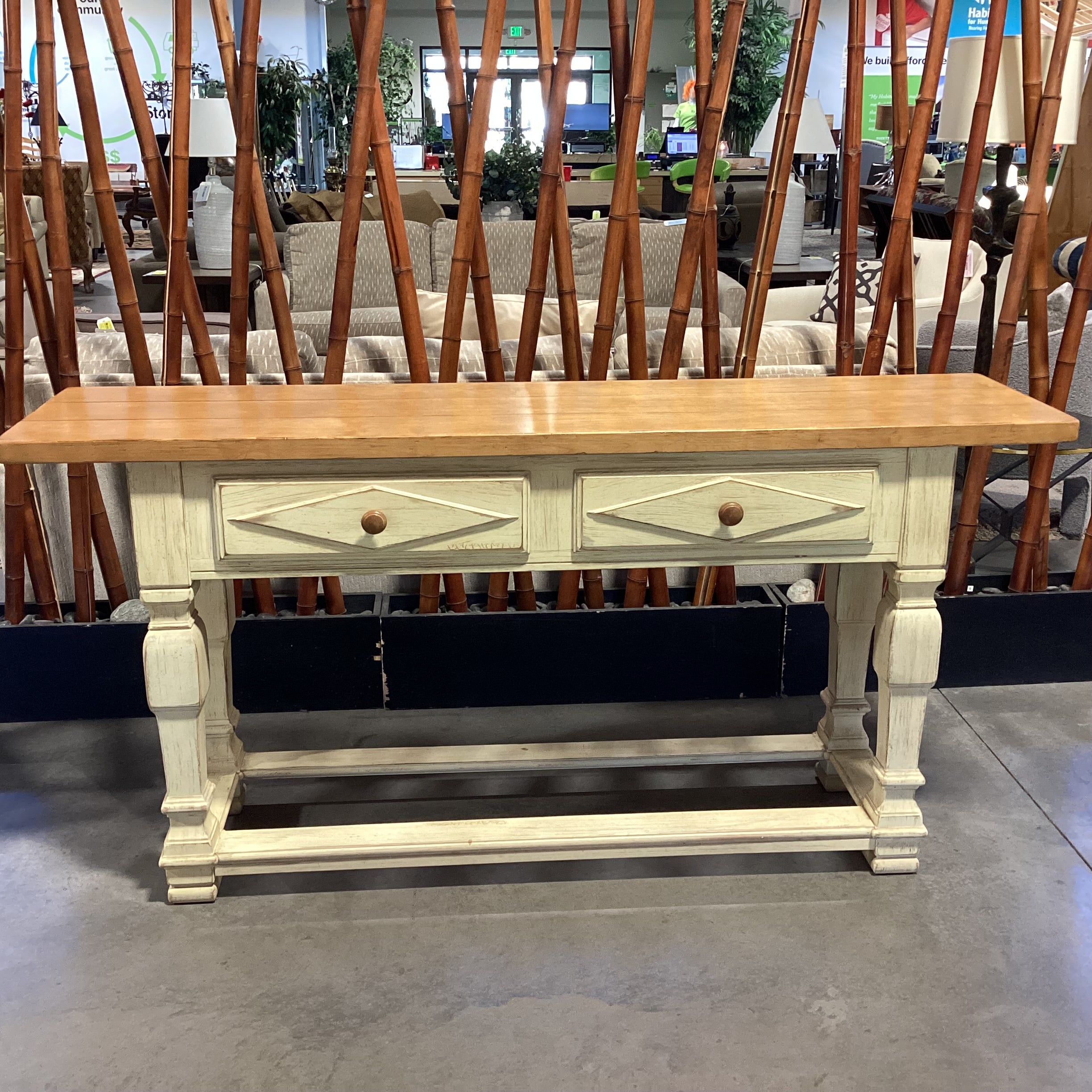 Drexel Cream & Finished Distressed Carved Wood 2 Drawer Sofa Table 72"x 18"x 55.5"