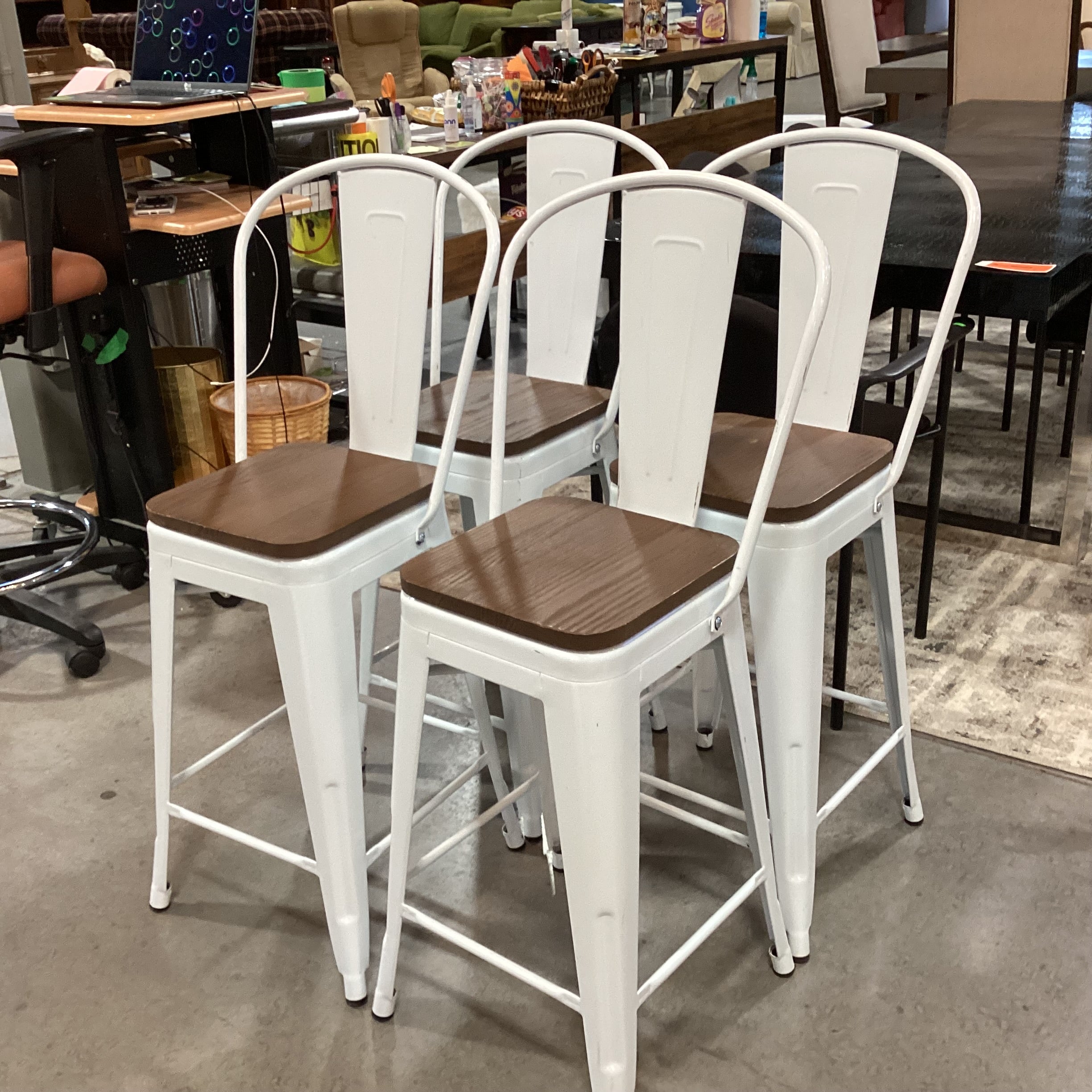 SET of 4 Industrial White Metal & Wood Seat Barstools 25"