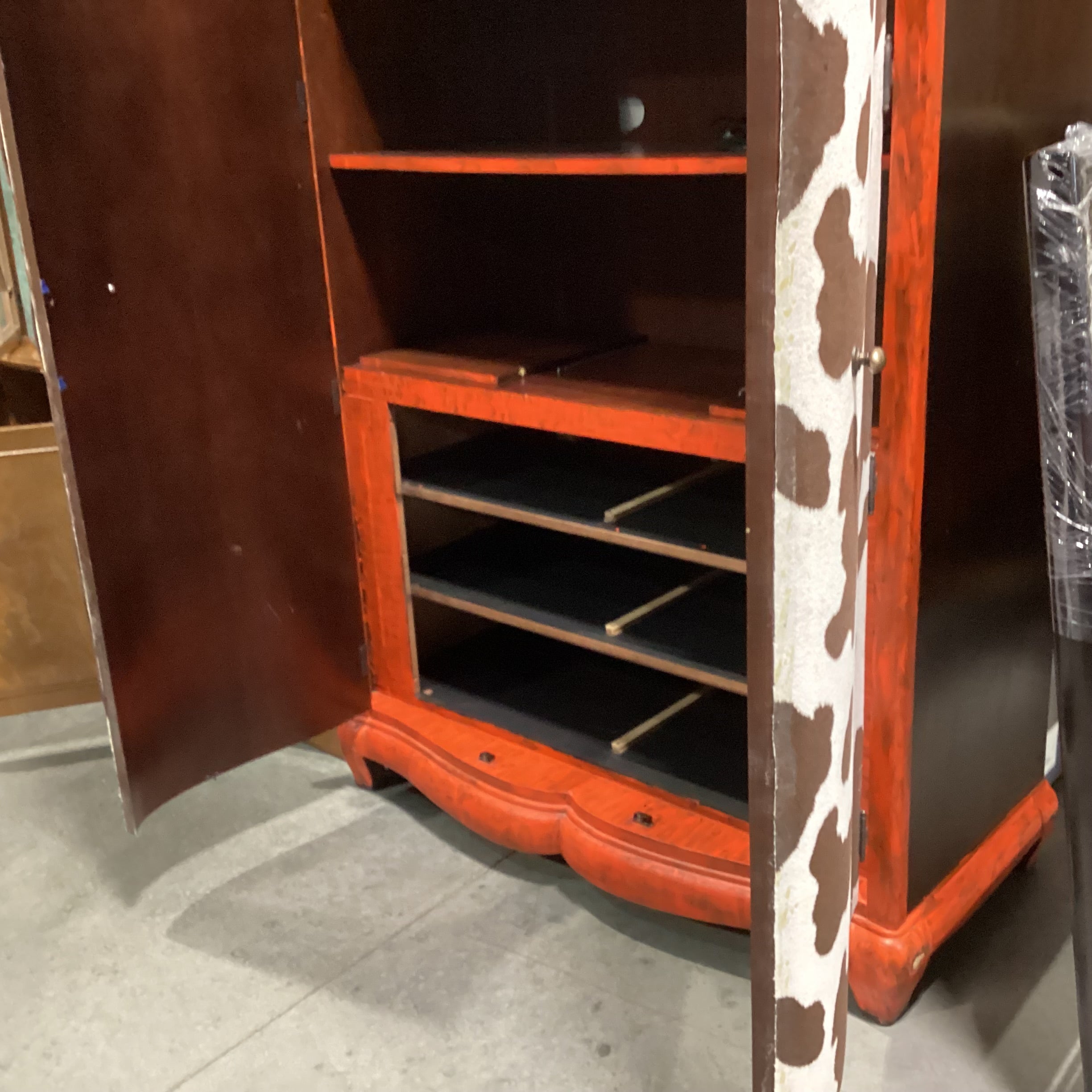 Solid Red Painted Wood with Faux Cowhide 2 Door with Shelves Armoire 50"x 24"x 83"
