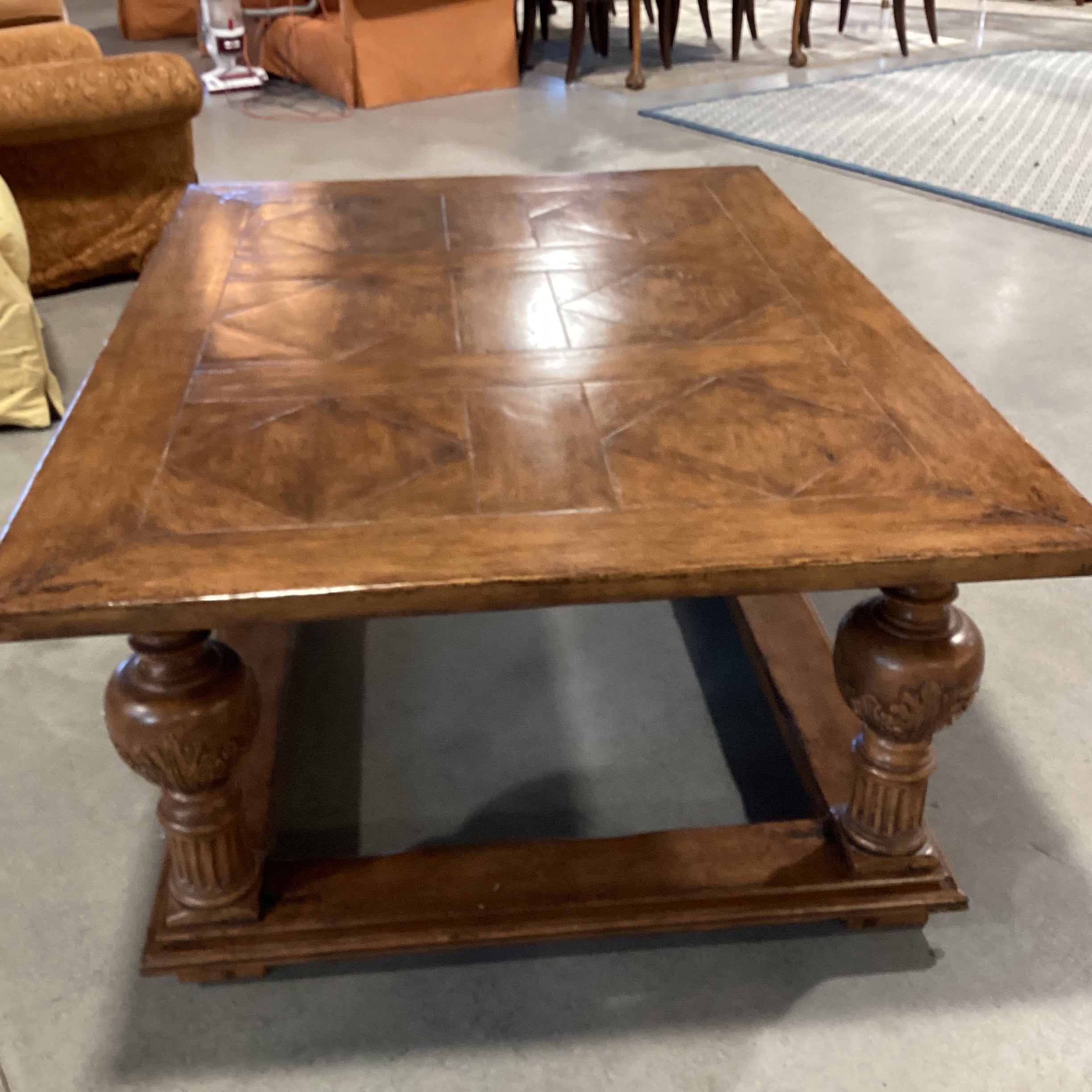 Solid Distressed Finish Wood with Ornate Carved Legs & Top Diamond Detail Coffee Table 63"x 45"x 24"