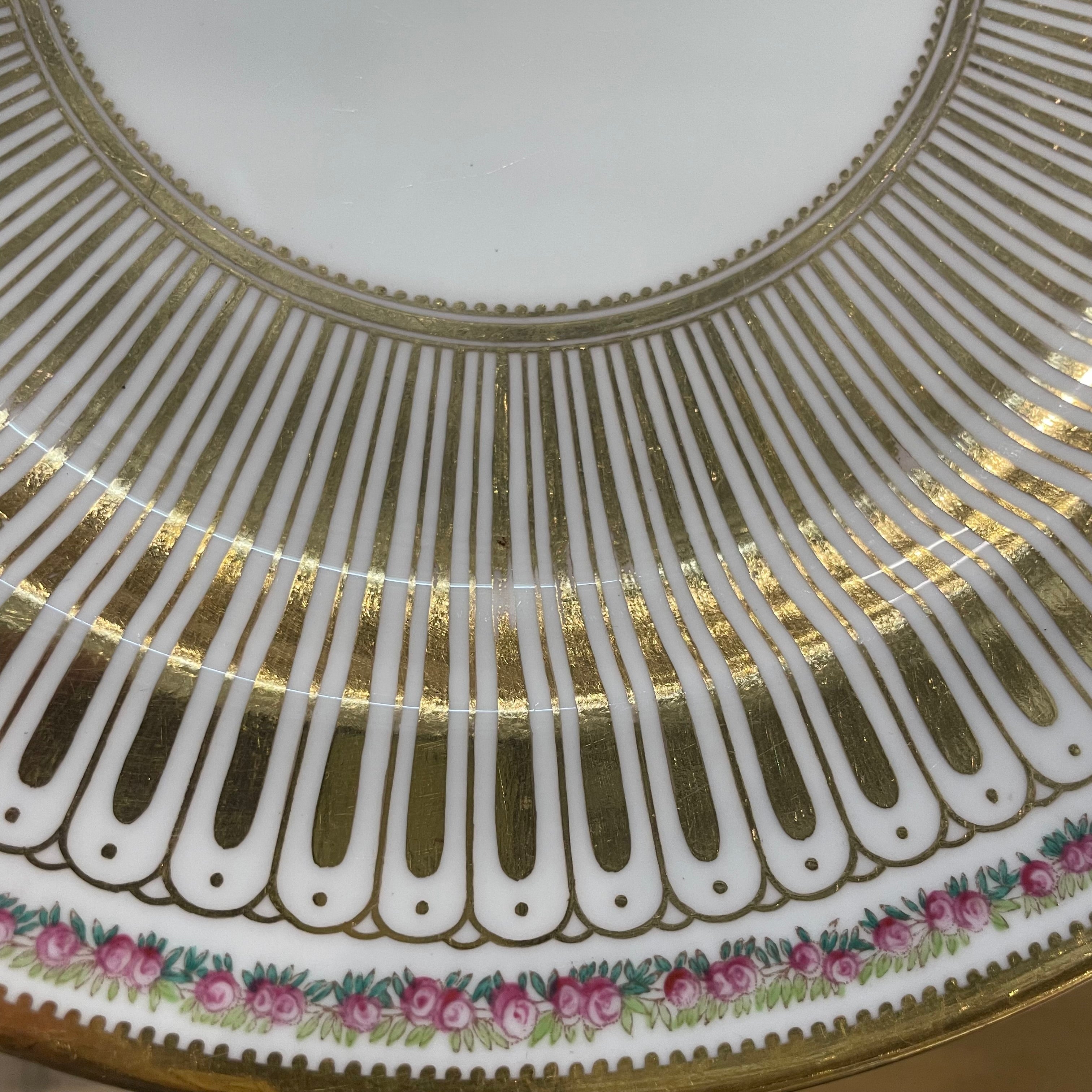 Set of 12 Cauldon Ltd Bone China Gold Sunburst with Handpainted Roses Dinner Plates, Made in England