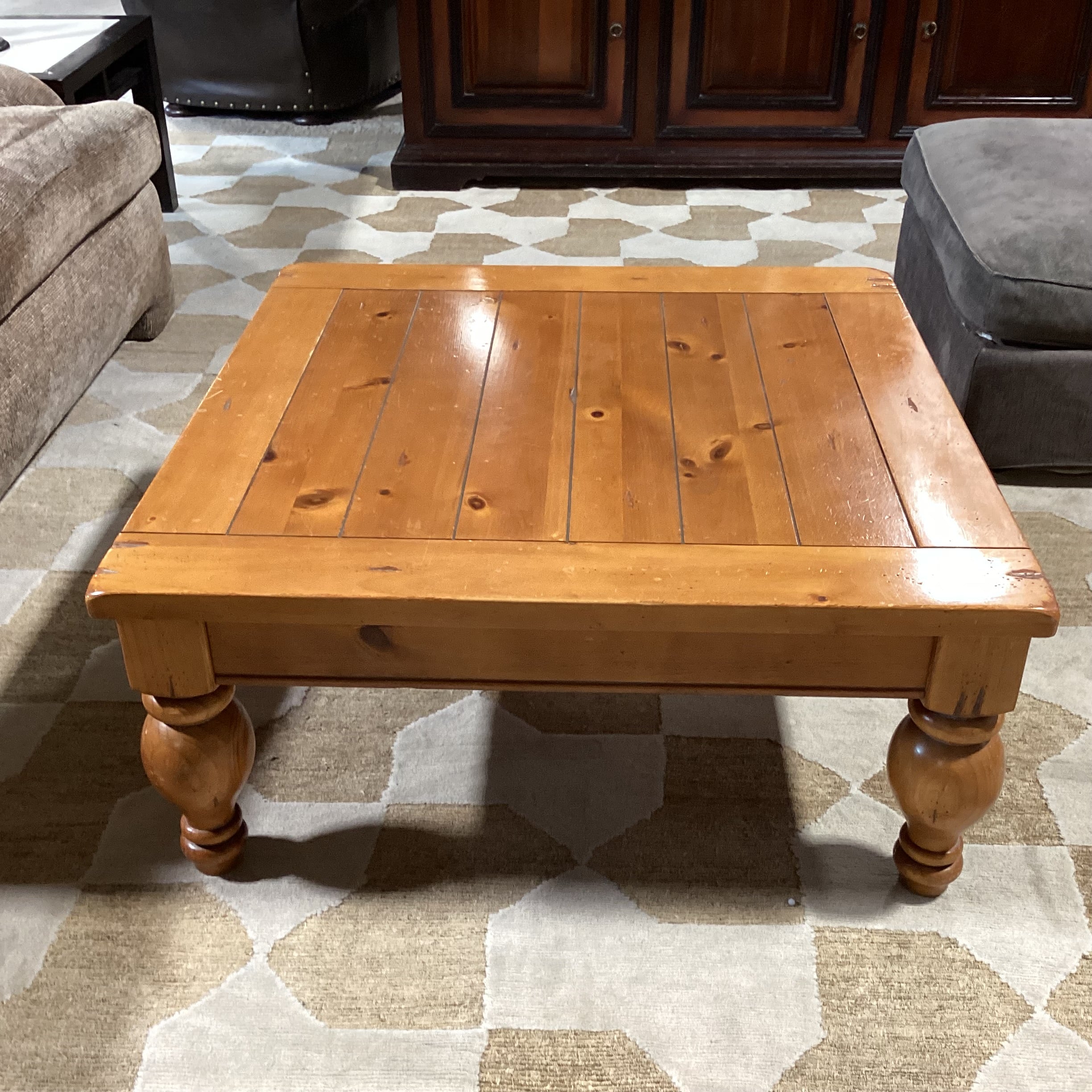 Finished Carved & Plank Pine Coffee Table 38"x 38"x 17"