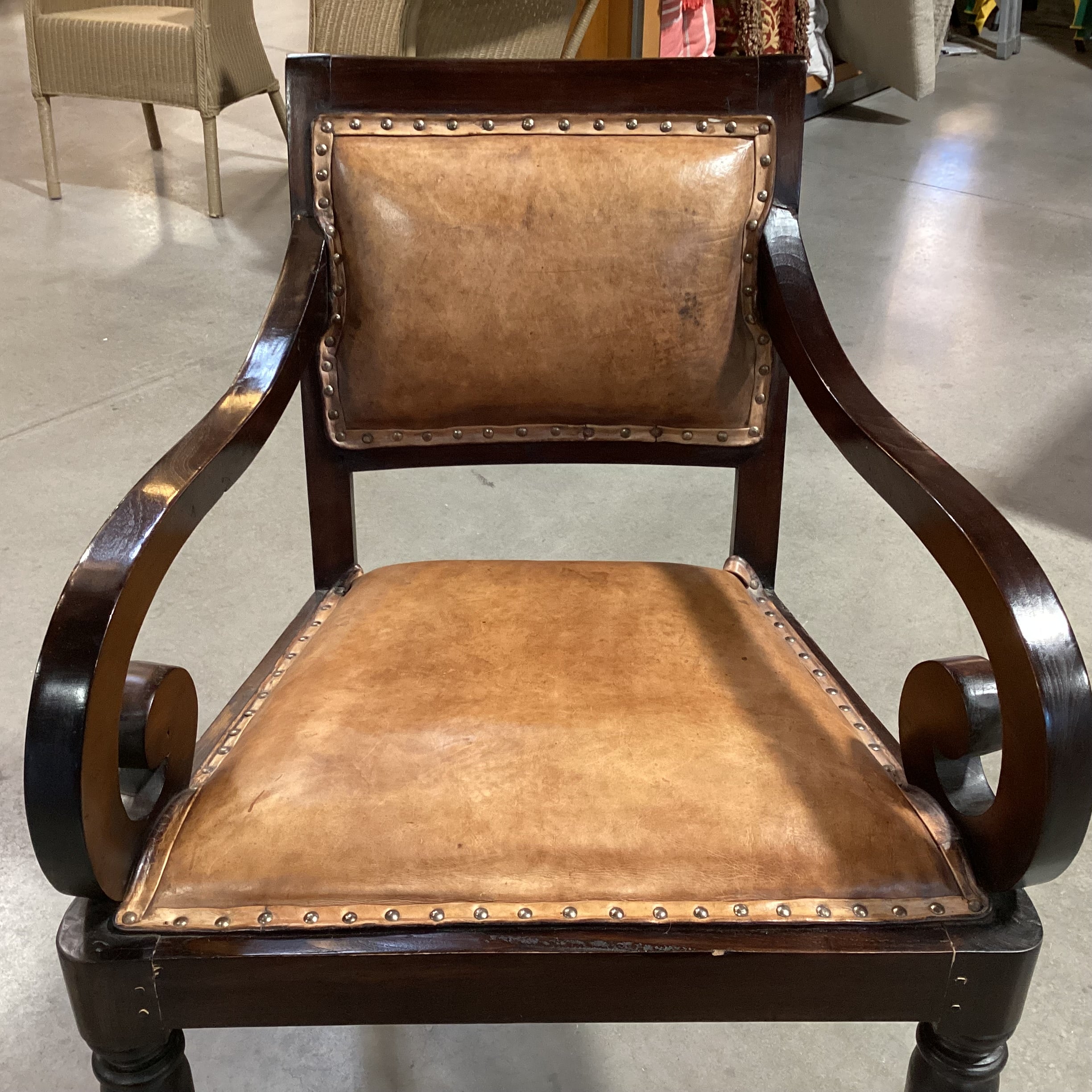 Vintage Antique Carved Scroll Arm & Leather Nailhead Chair 24"x 22"x 34"