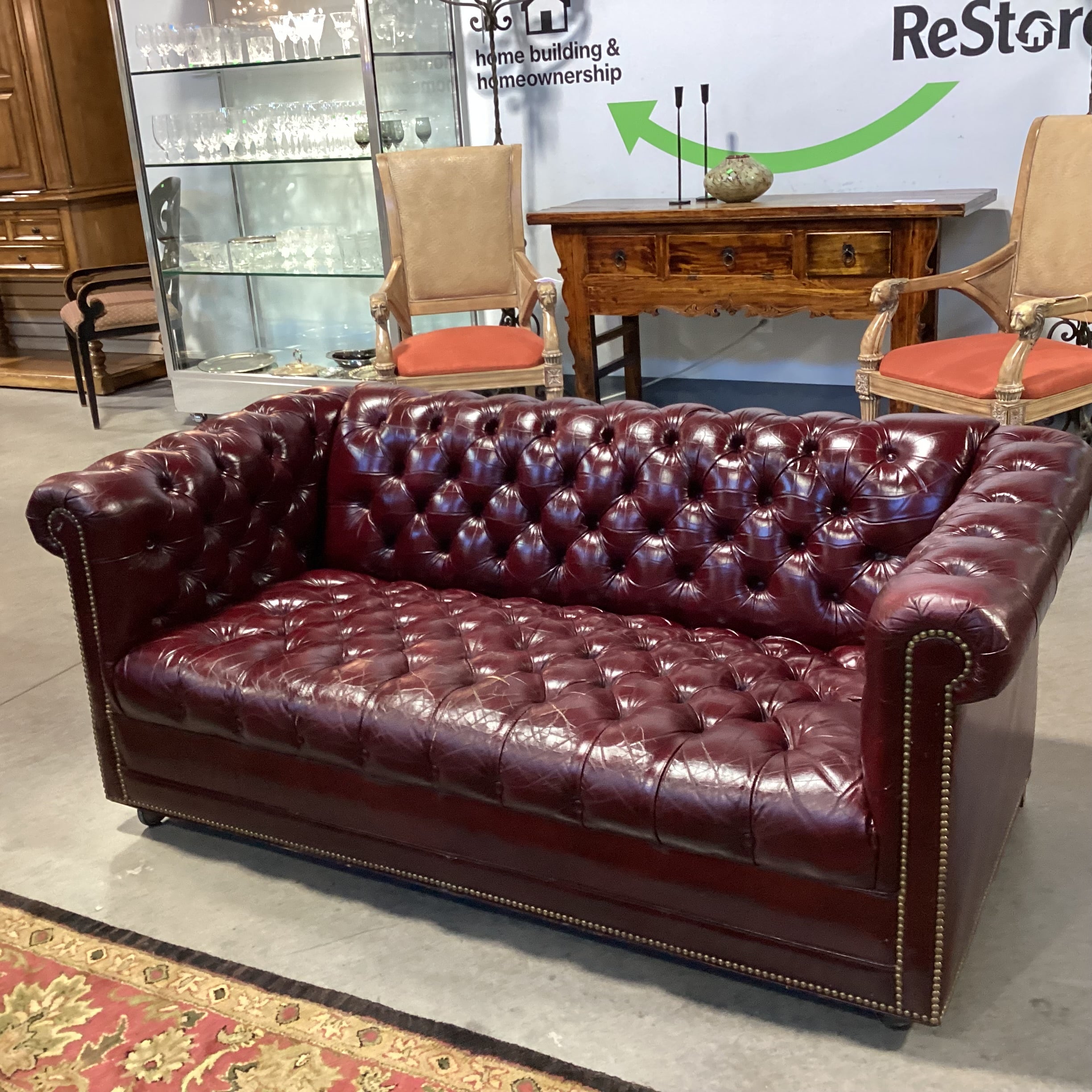 Vintage Burgundy Tufted Leather Nail Head on Casters Chesterfield Loveseat Sofa 69"x 36"x 28"