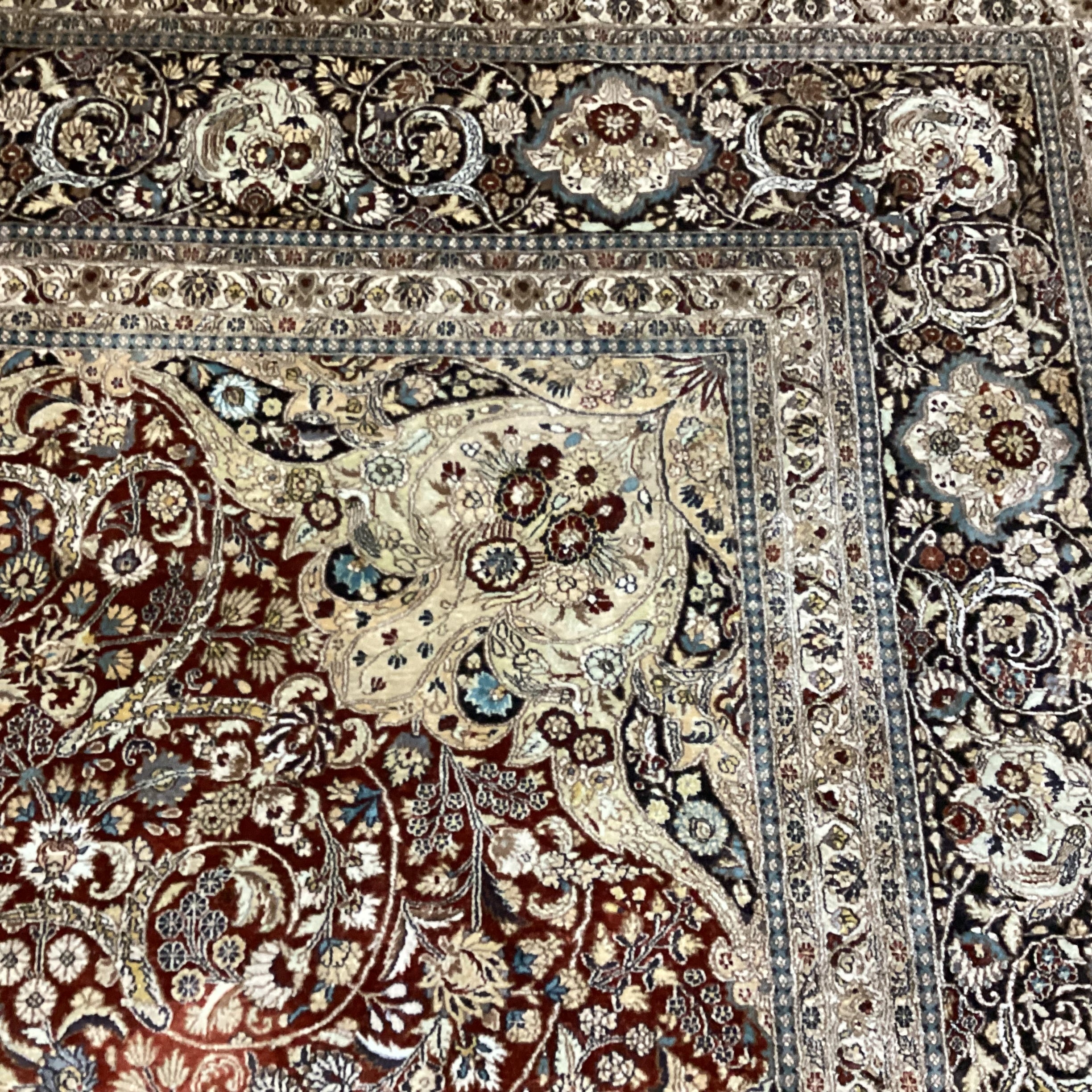 Persian Cream Rust Red Black & Blue Hand Woven Silk Rug 8'1"x 10'1"