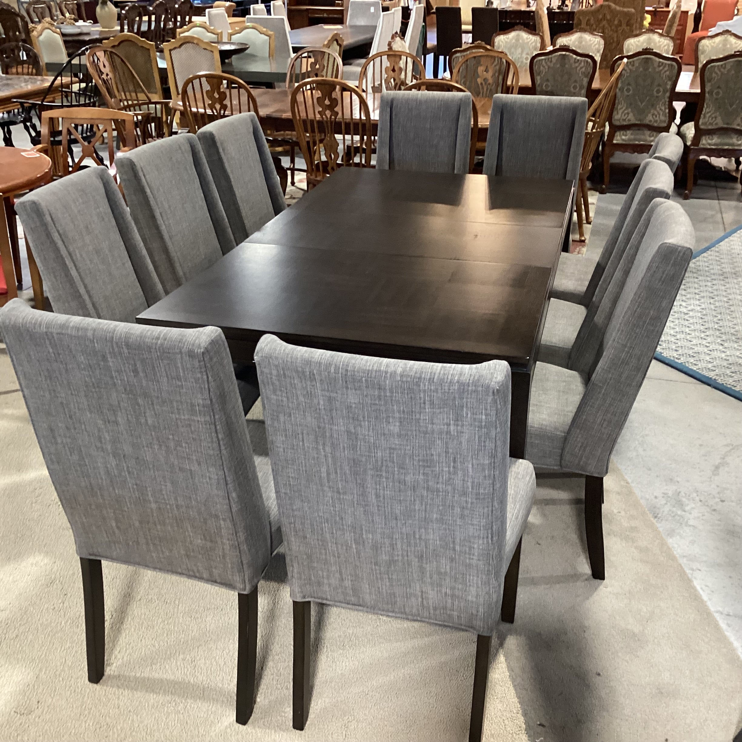 Dark Finish Wood & Veneer 1 Leaf Table & 10 Grey Woven Chairs Dining Set 78"x 42"x 30"
