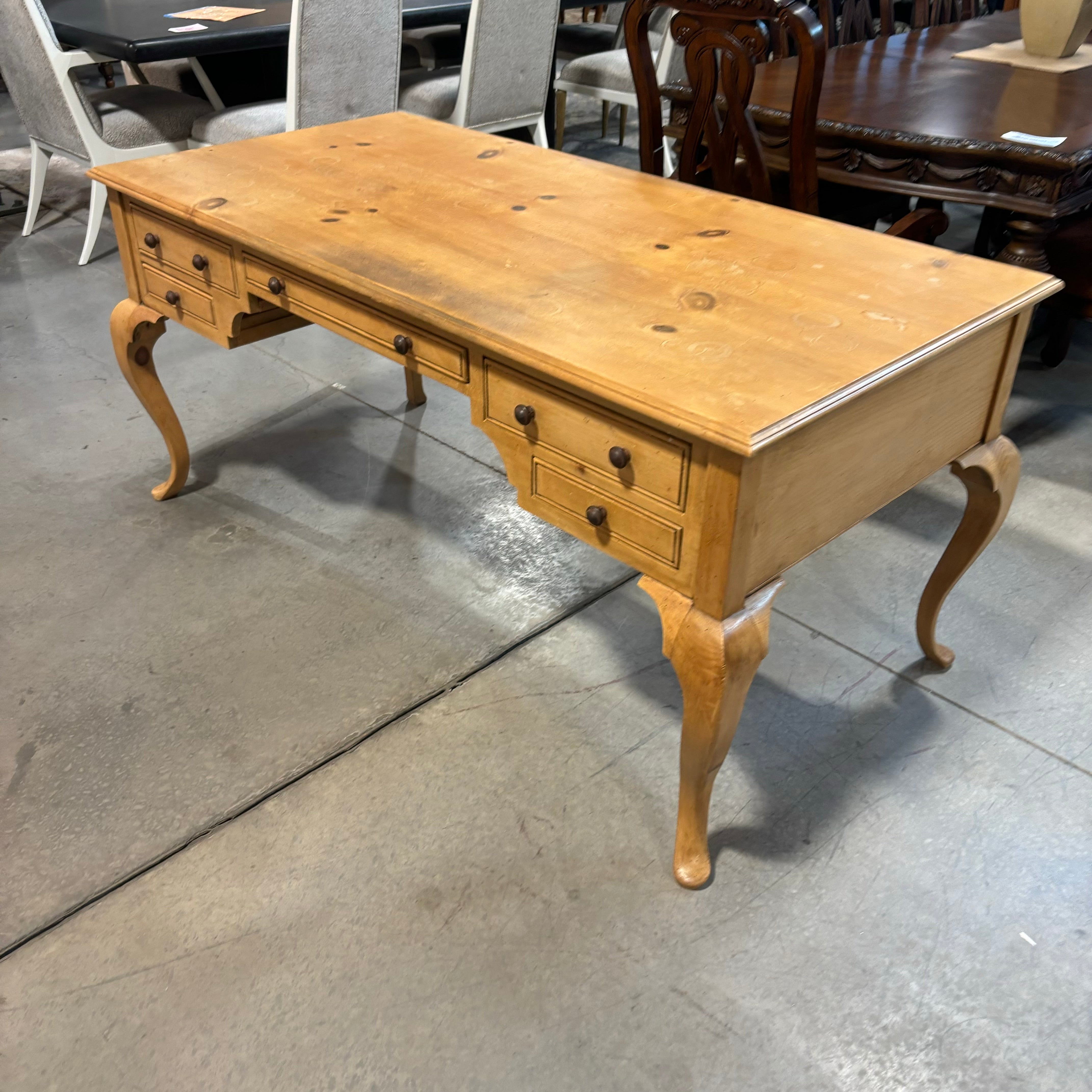 Vintage Ornate Carved Country Pine 5 Drawer Desk 66"x 33"x 30"