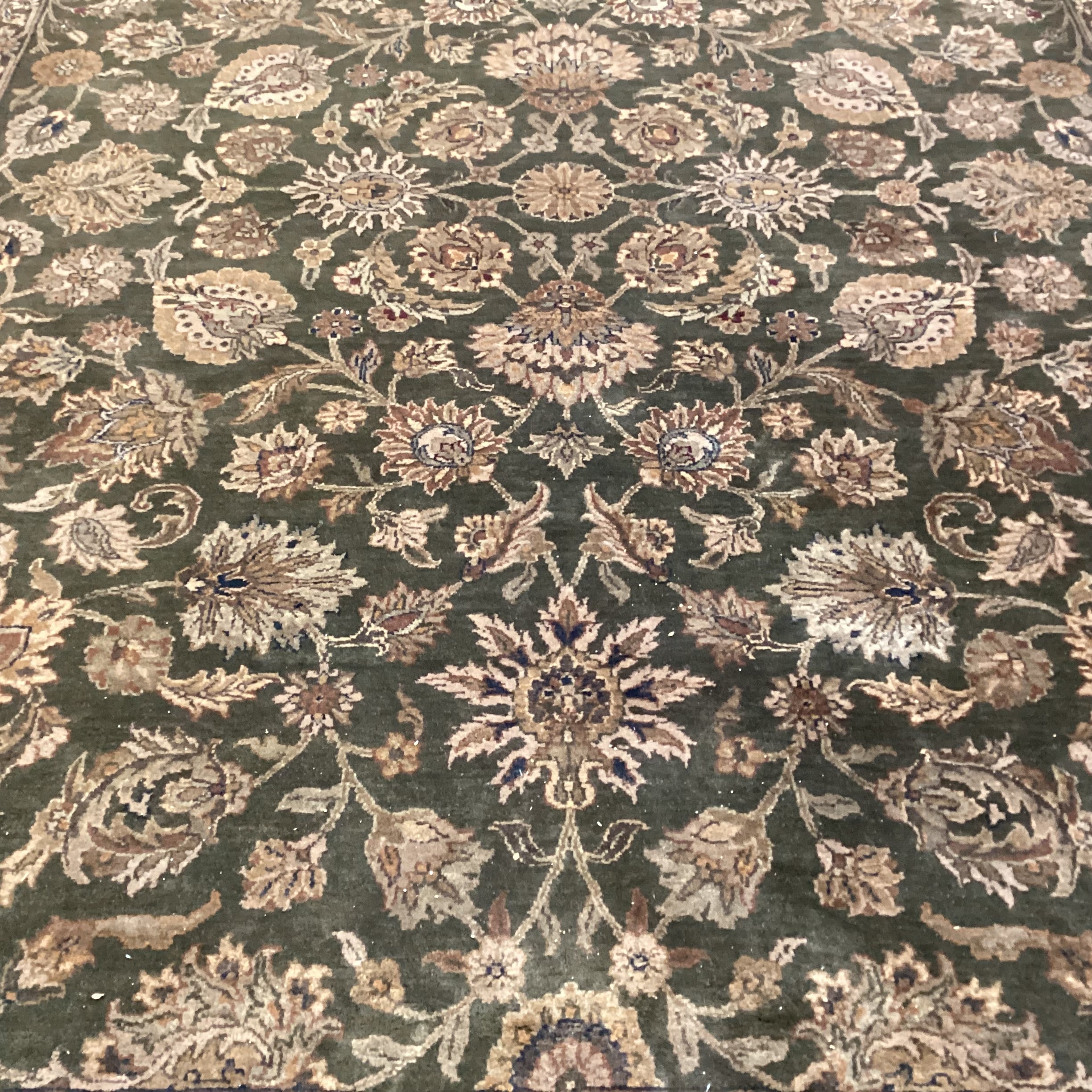 Olive & Brown Floral W/ Border Woven Wool Rug 8'9" x 12'4"