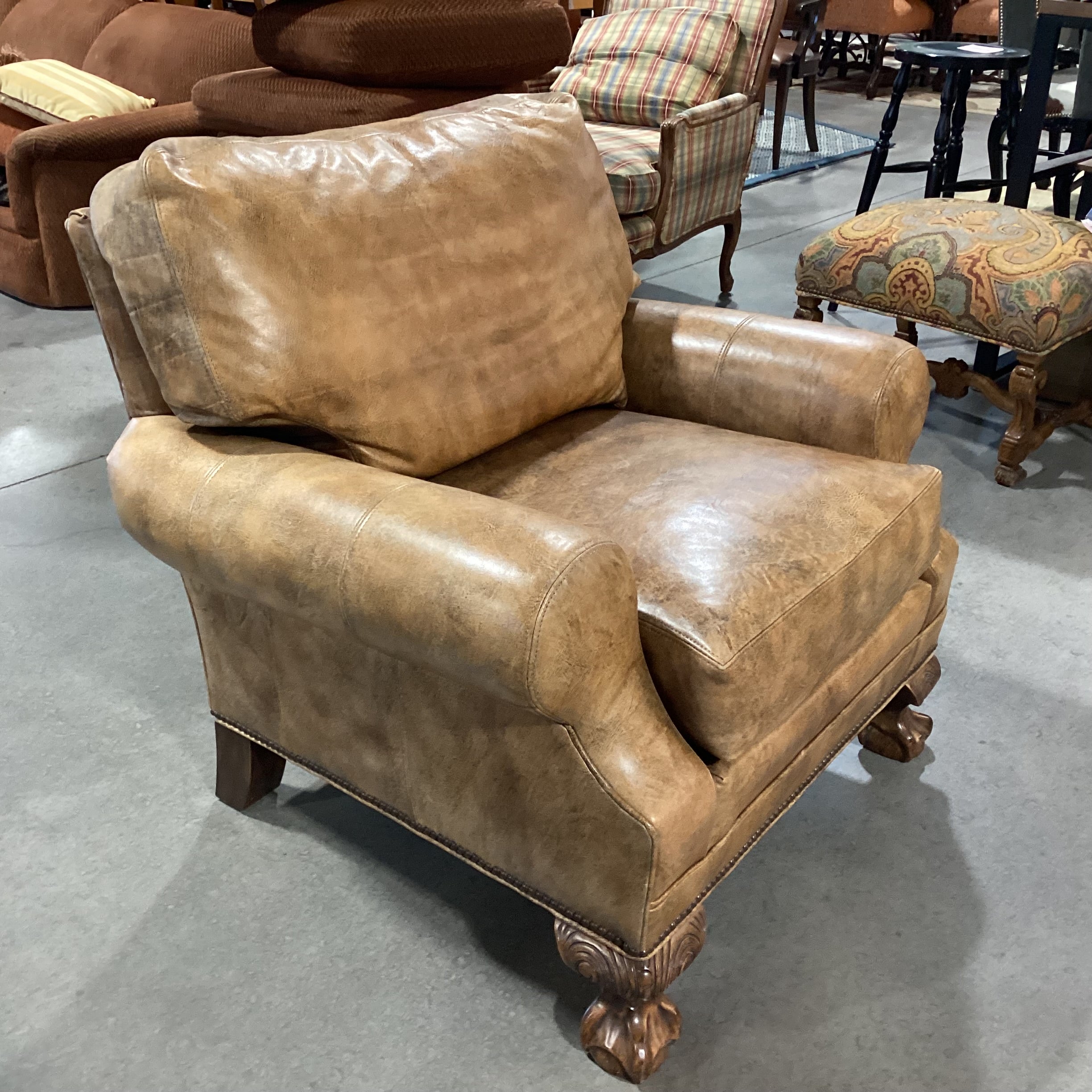Stanford Furniture Distressed Golden Brown Leather Nailhead & Carved Feet Chair 37"x 36"x 32"