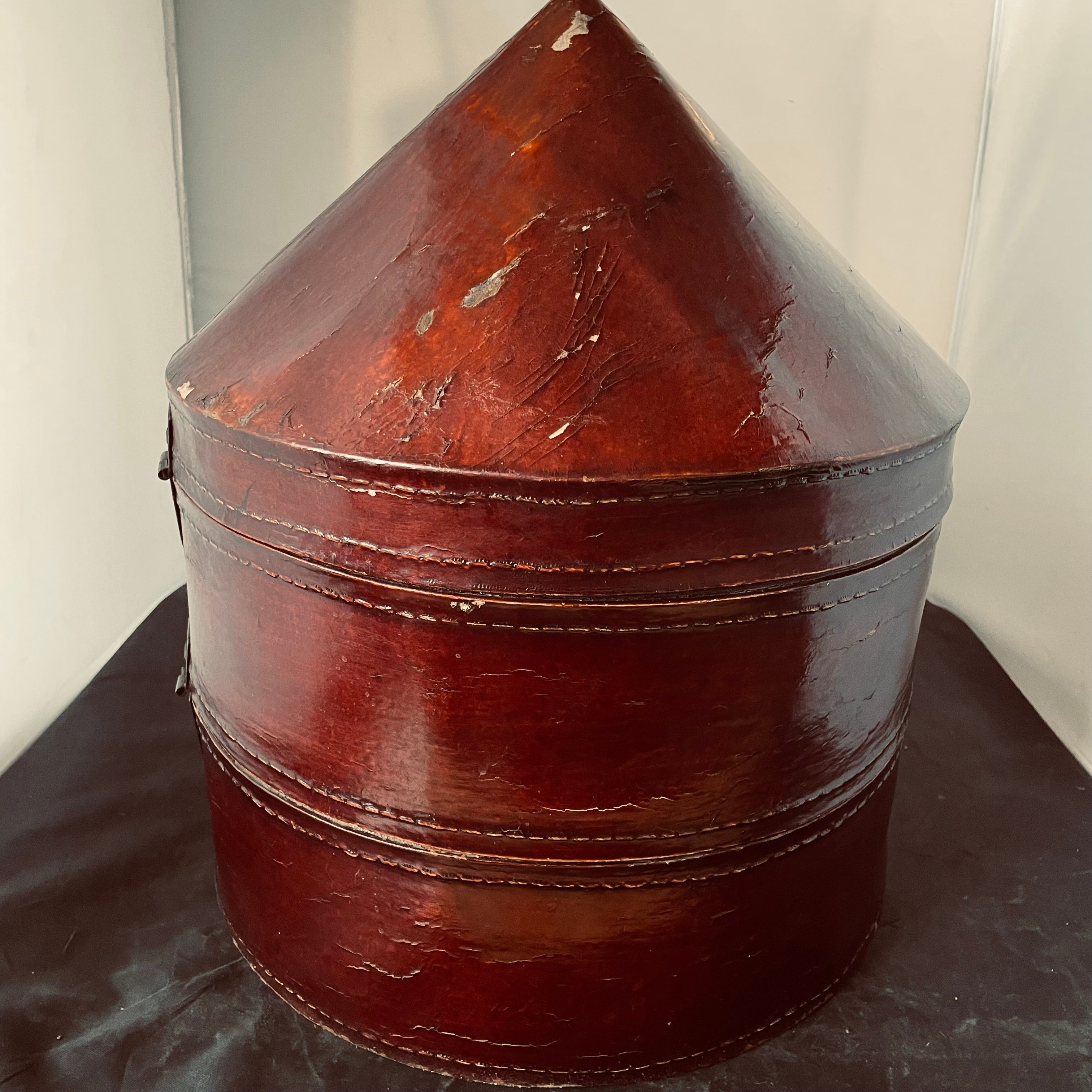 Antique Chinese Dark Red Lacque Leather/iron Hat Box, 13"x 16"