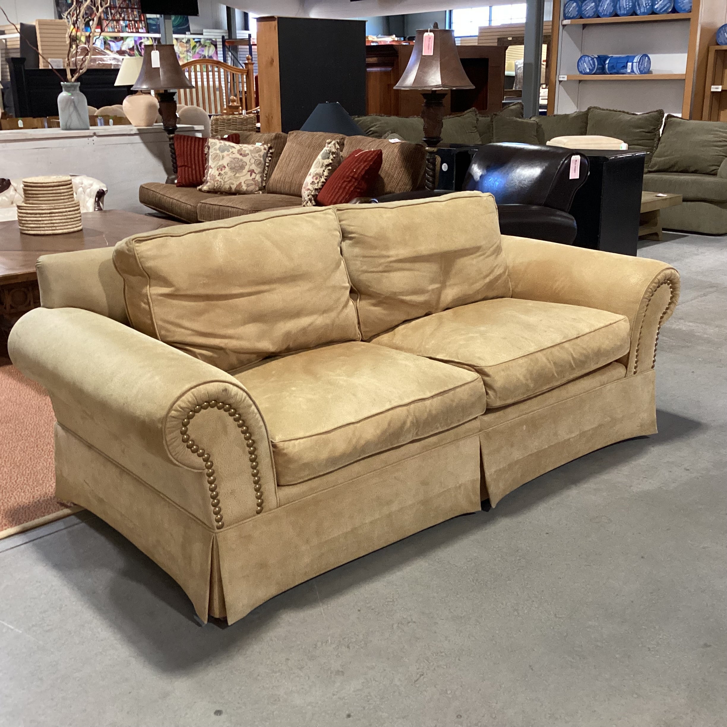 Golden Tan Leather Roll Arm Nailhead Sofa 86"x 40"x 32"