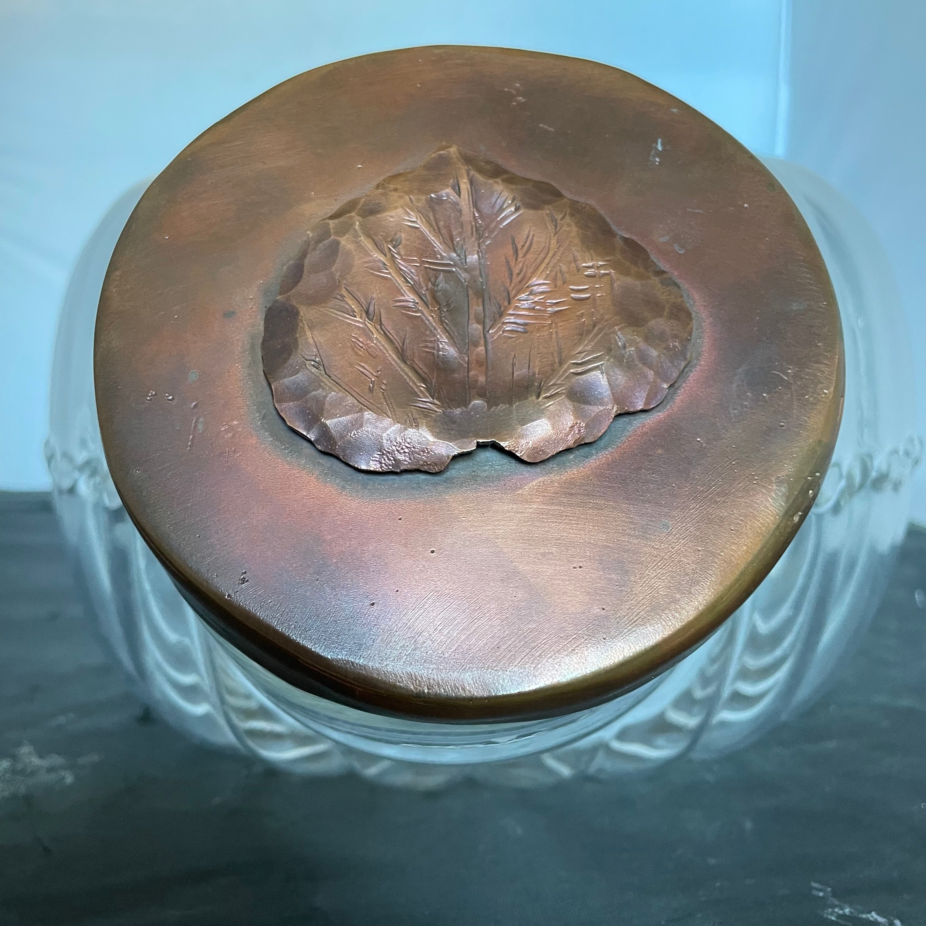 Hoosier Style Ribbed Glass Storage Cannister with Copper Crafted Leaf Lid, 16"x 11"x 7"