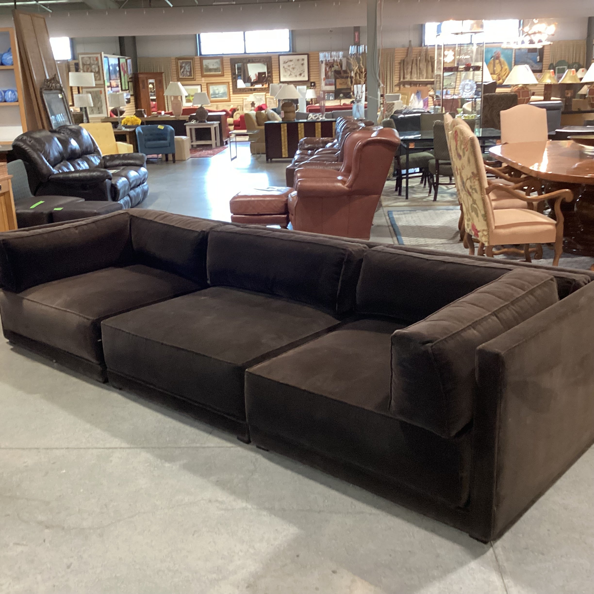 CB2 Oriole 3 Piece Dark Brown Performance Velvet Modular Sectional 126"x 43"x 2.5"