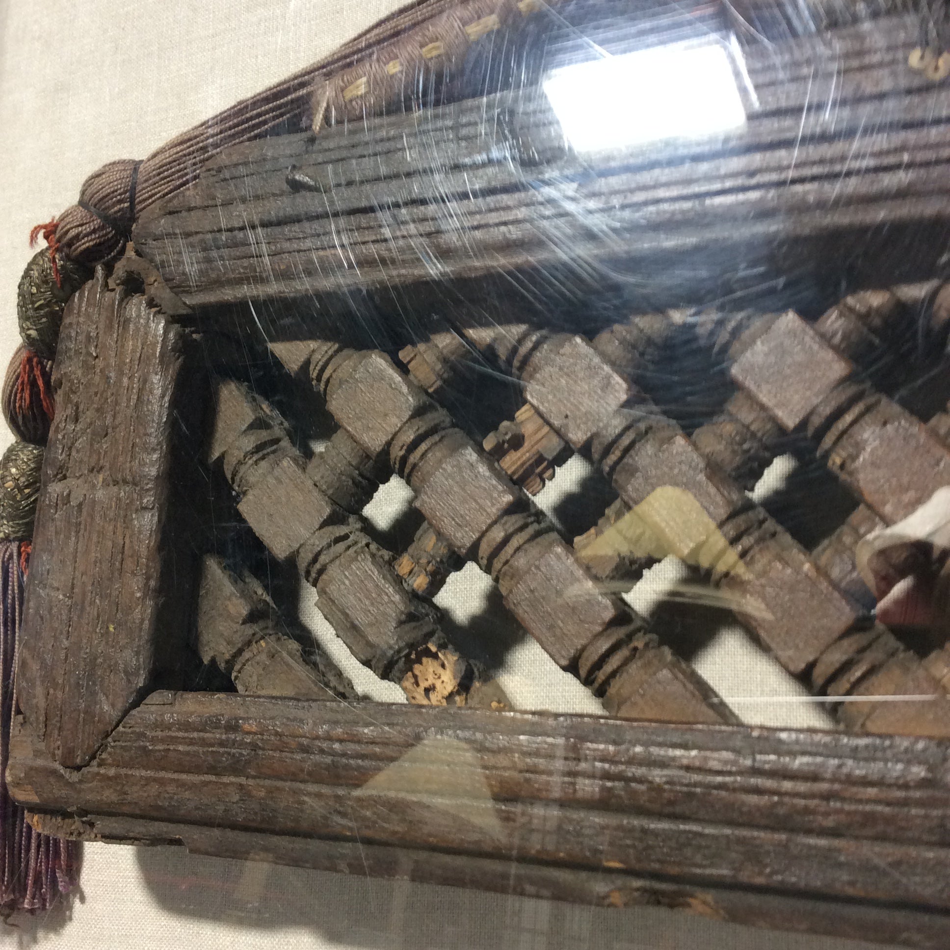 Antique Hand-Carved Wood With Ornamental Fabric Hanger/Attachment In Plexiglass Shadow Box 36" x 25"