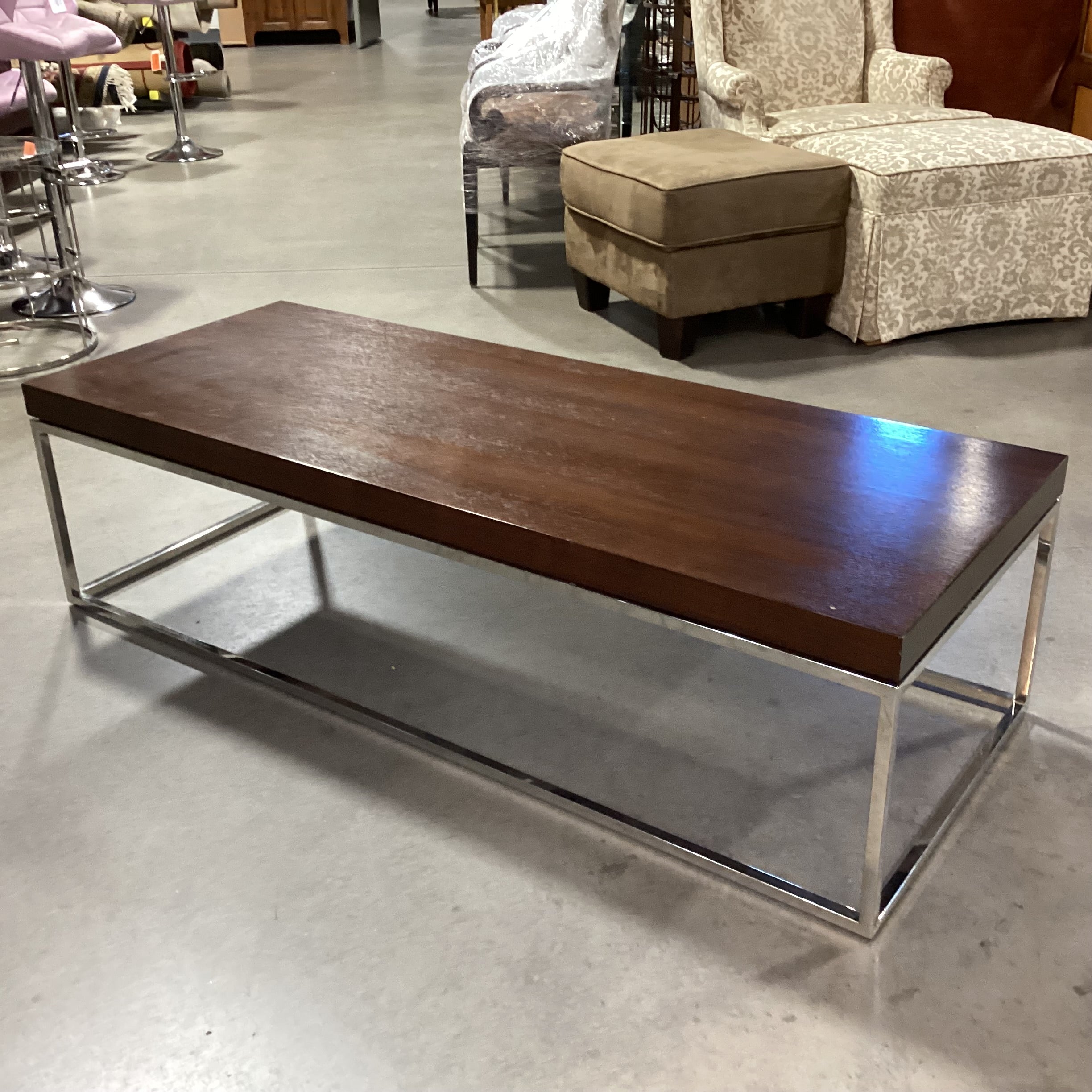 Mitchell Gold & Bob Williams Dark Finish Veneer & Chrome Coffee Table 62"x 24"x 17"