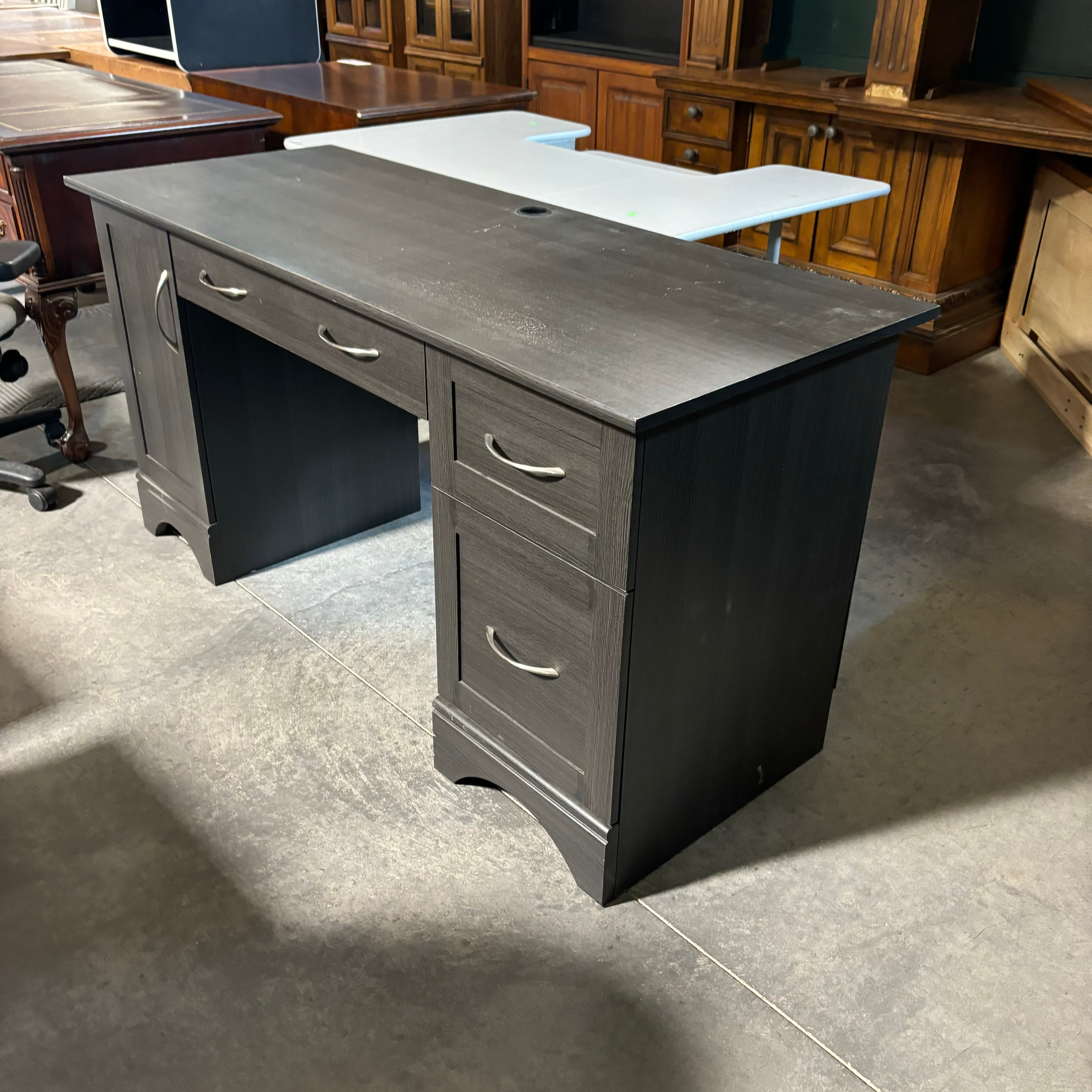 Dark Grey Veneer 3 Drawer 1 Door Desk 59.5"x 23.5"x 30"