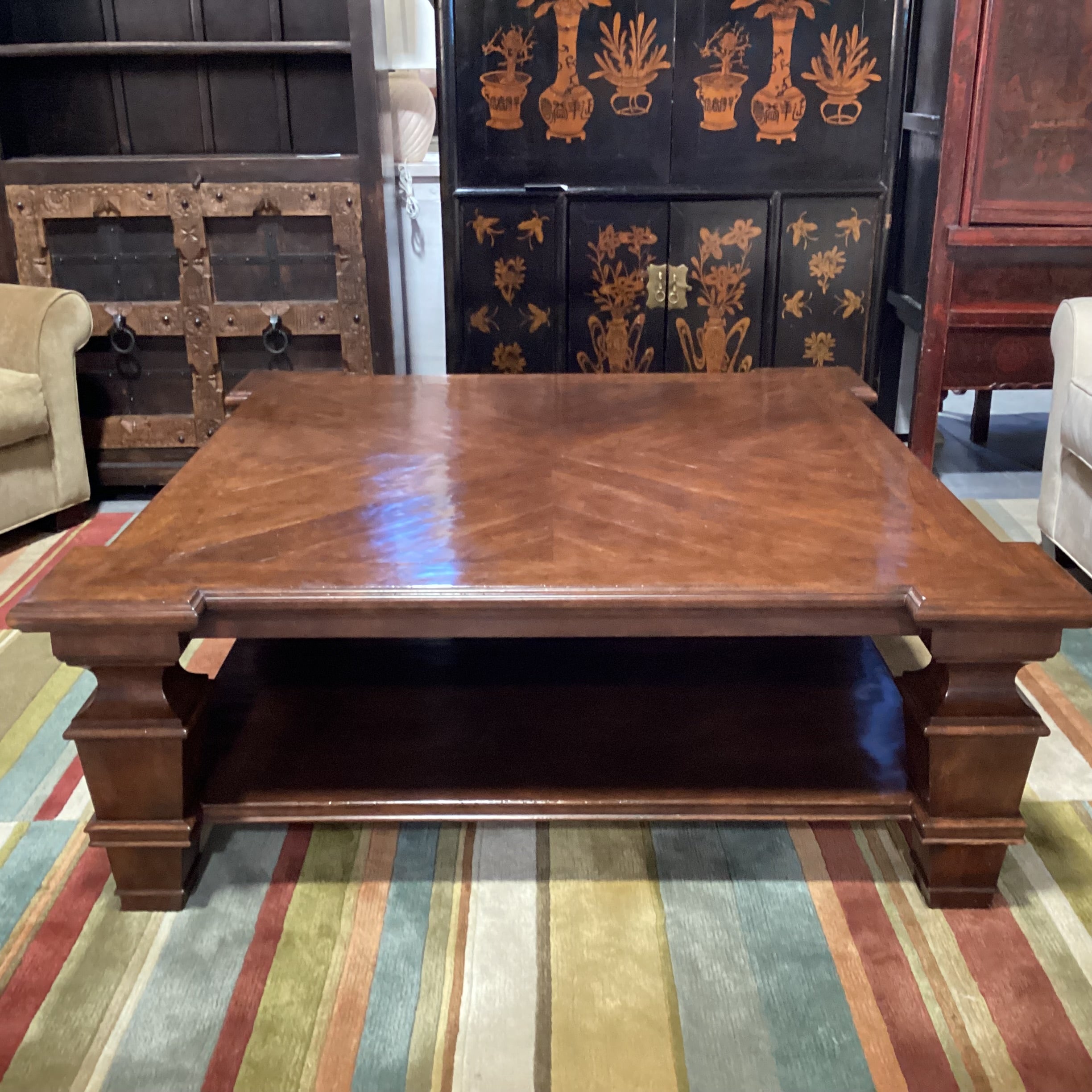 Carved Wood with Dark Lacquered Distressed Finish Matched Inset & Bottom Shelf Coffee Table 60"x 60"x 21"