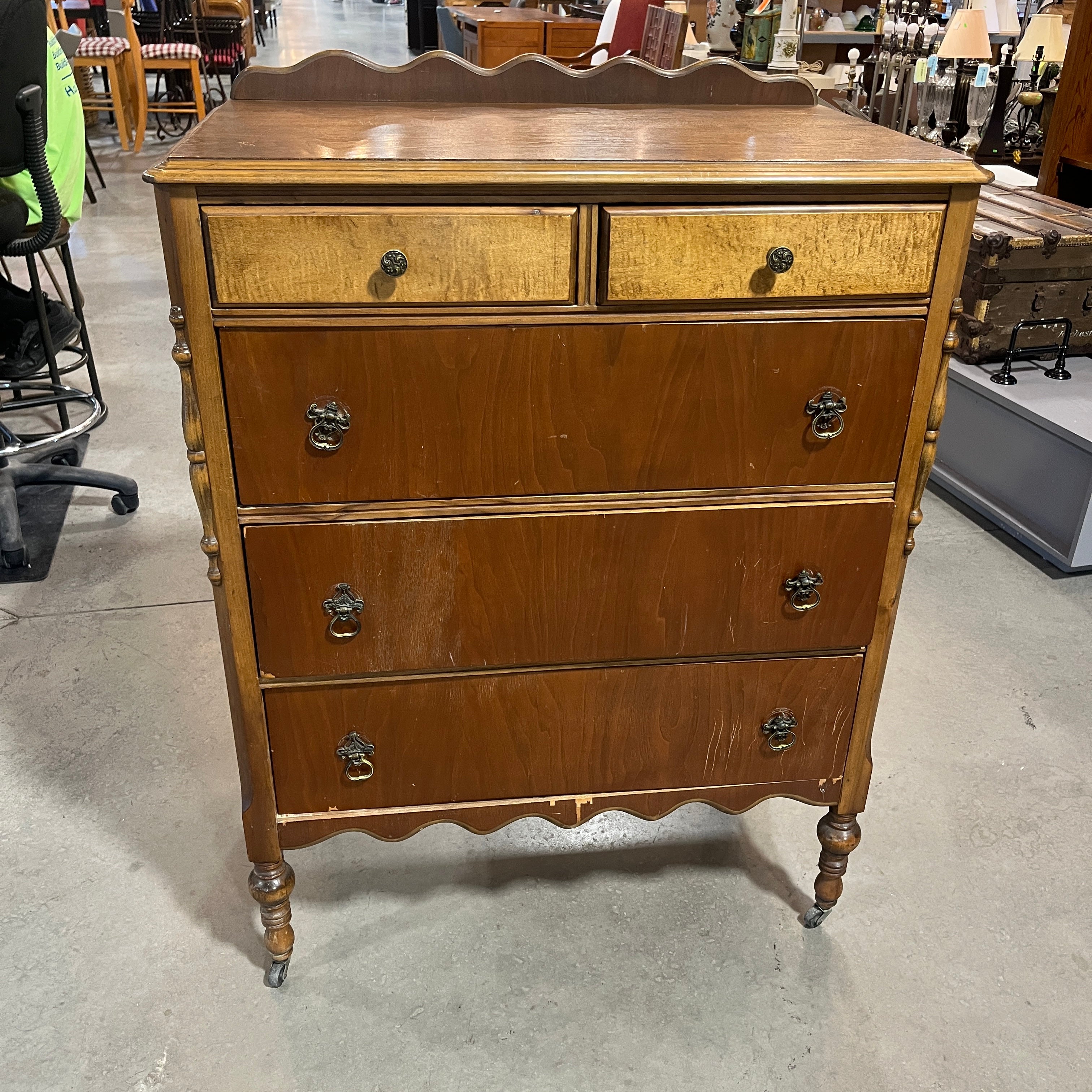 Antique 2 Tone Solid Wood 5 Drawer on Casters Tall Boy Dresser 34"x 20"x 46"