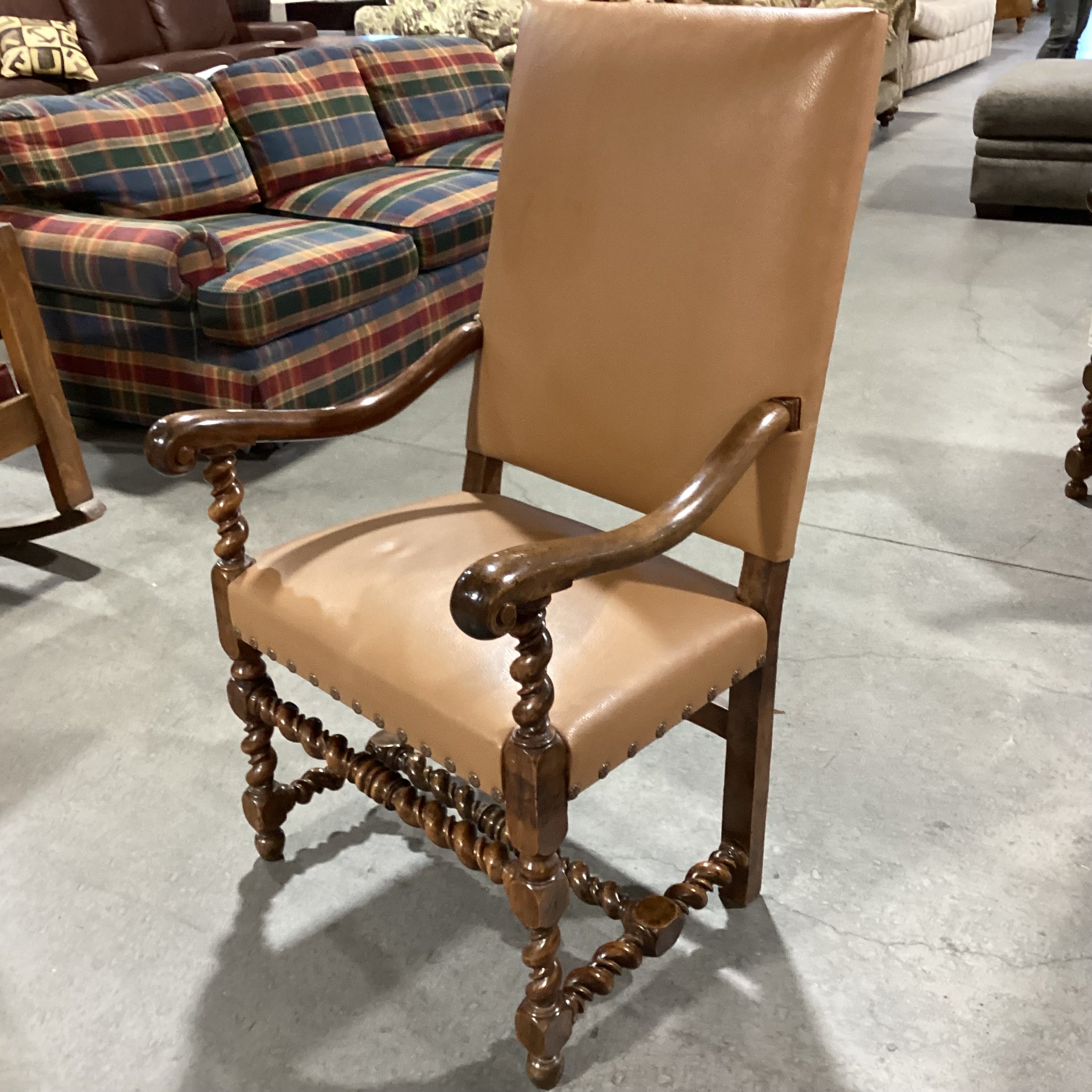 Ornate Carved Wood with Ivory Quilted Slipcover Leather Underneath Chair 26"x 26"x 46"